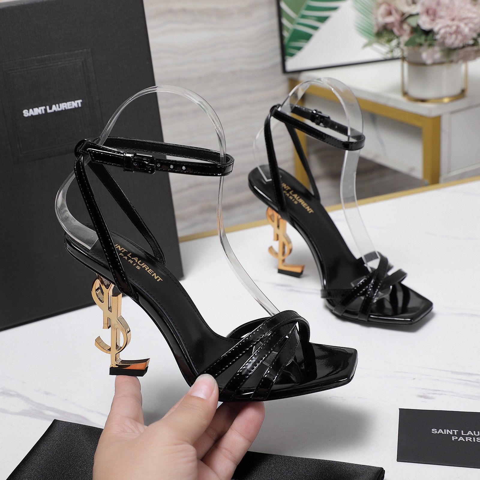 Yves Saint Laurent Black Leather & Silk Letter Heel Ankle Strap Sandals 2 a1745067747625 5406