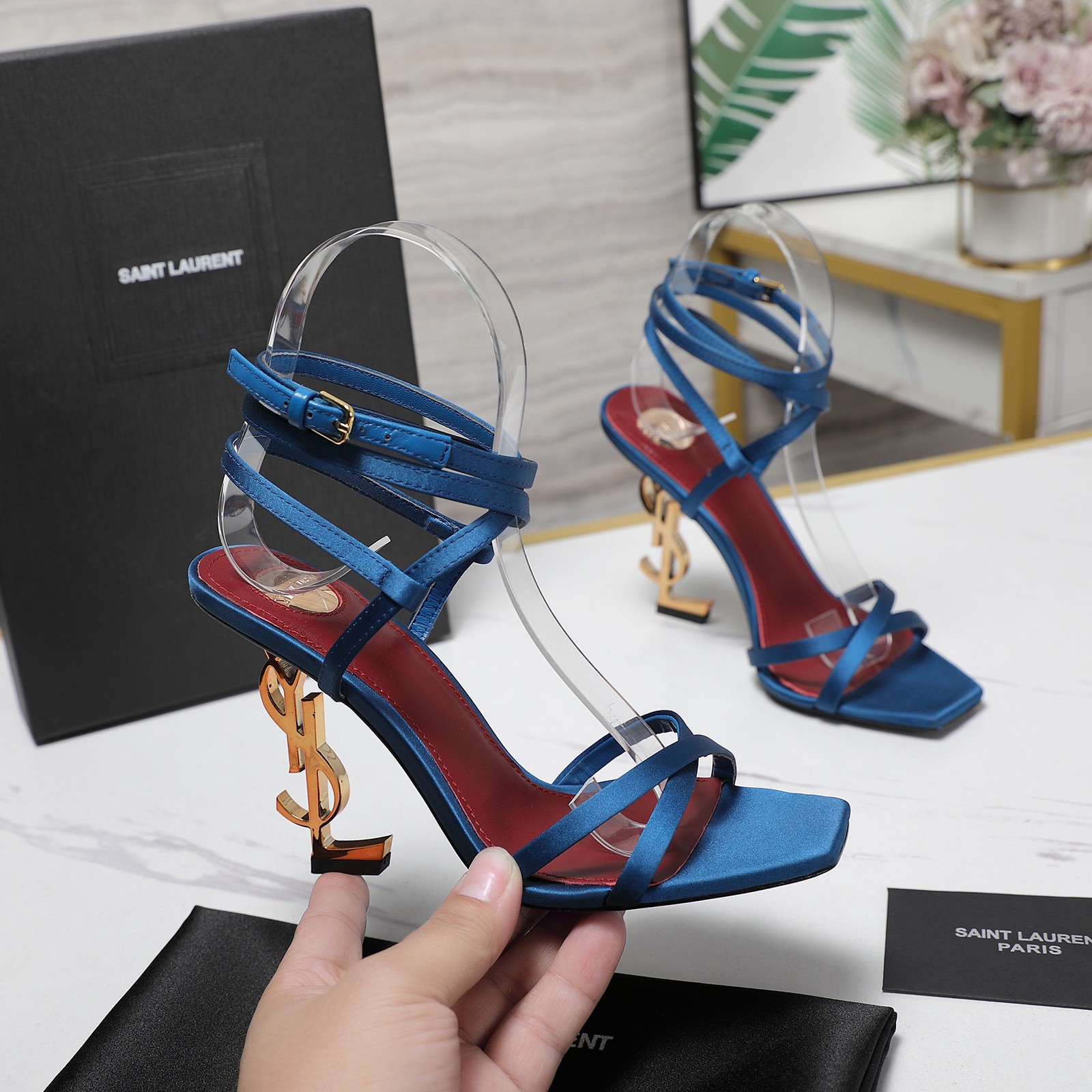 Yves Saint Laurent Tribute Heel Sandal in Blue Silk - Luxury Designer Shoes 2 a1745067937902 4541