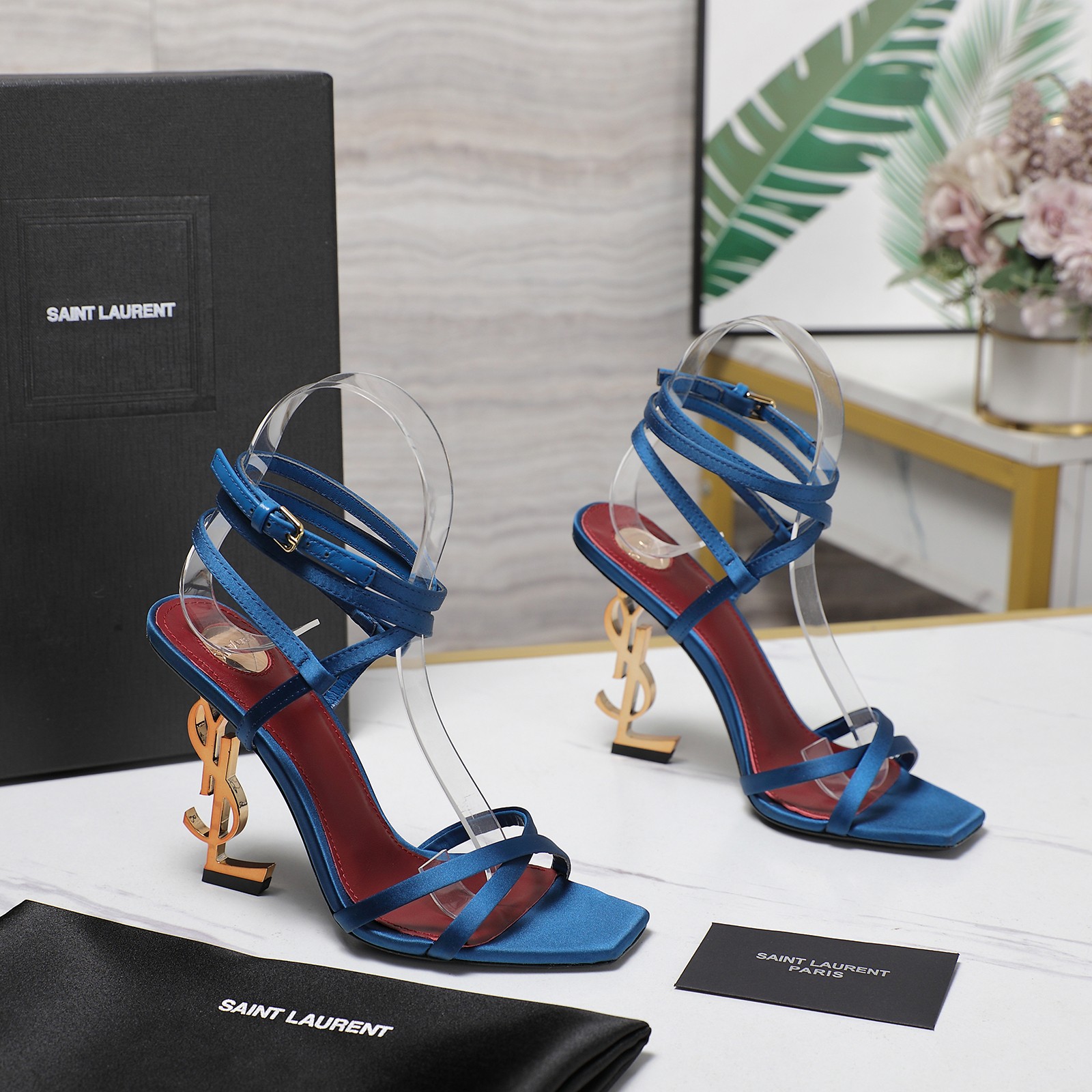 Yves Saint Laurent Tribute Heel Sandal in Blue Silk - Luxury Designer Shoes 3 a1745067937913 3306