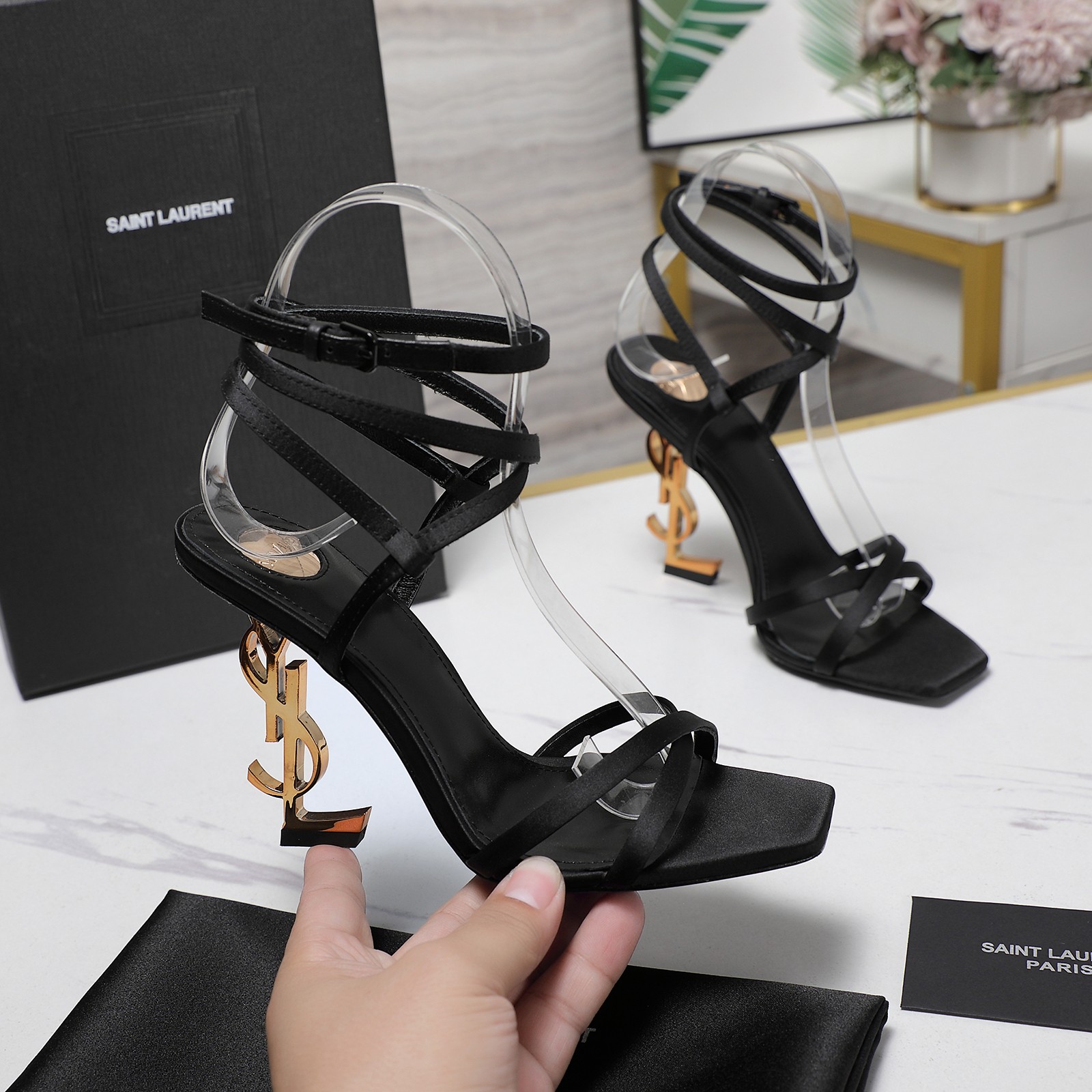 Yves Saint Laurent YSL Letter Heel Ankle Strap Sandals Women Shoes 1 Yves Saint Laurent YSL Letter Heel Ankle Strap Sandals Women Shoes
