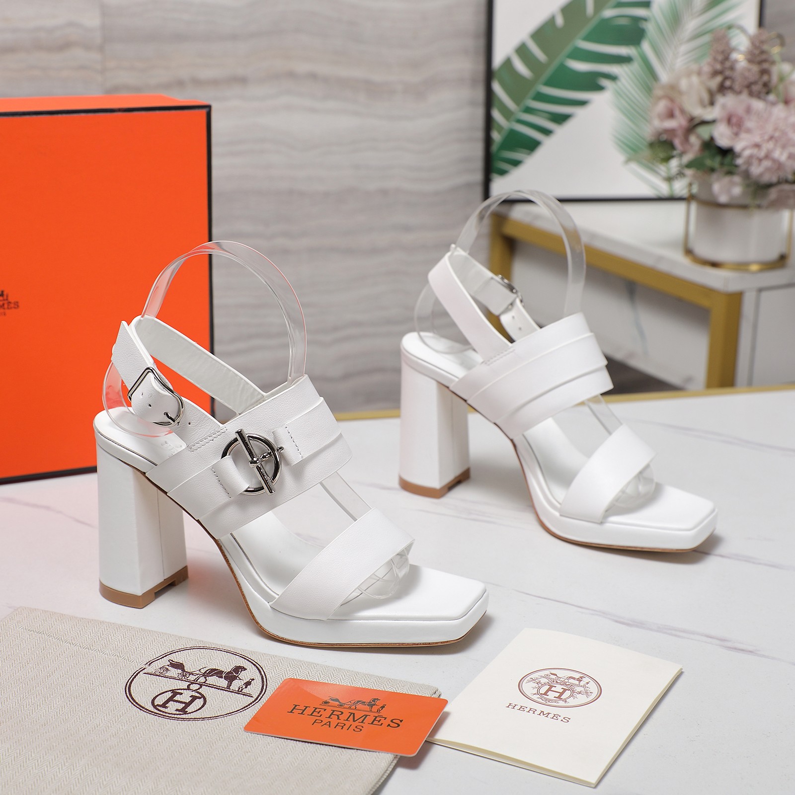 Hermès White Leather Heeled Sandals Platform Ankle Strap Block Heel 7 a1745241217504 0660