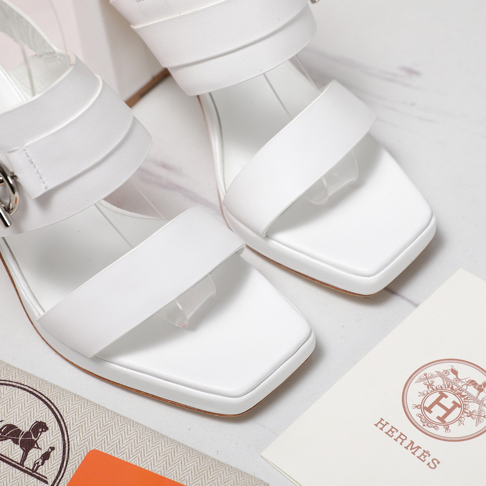 Hermès White Leather Heeled Sandals Platform Ankle Strap Block Heel 6 a1745241217516 4086
