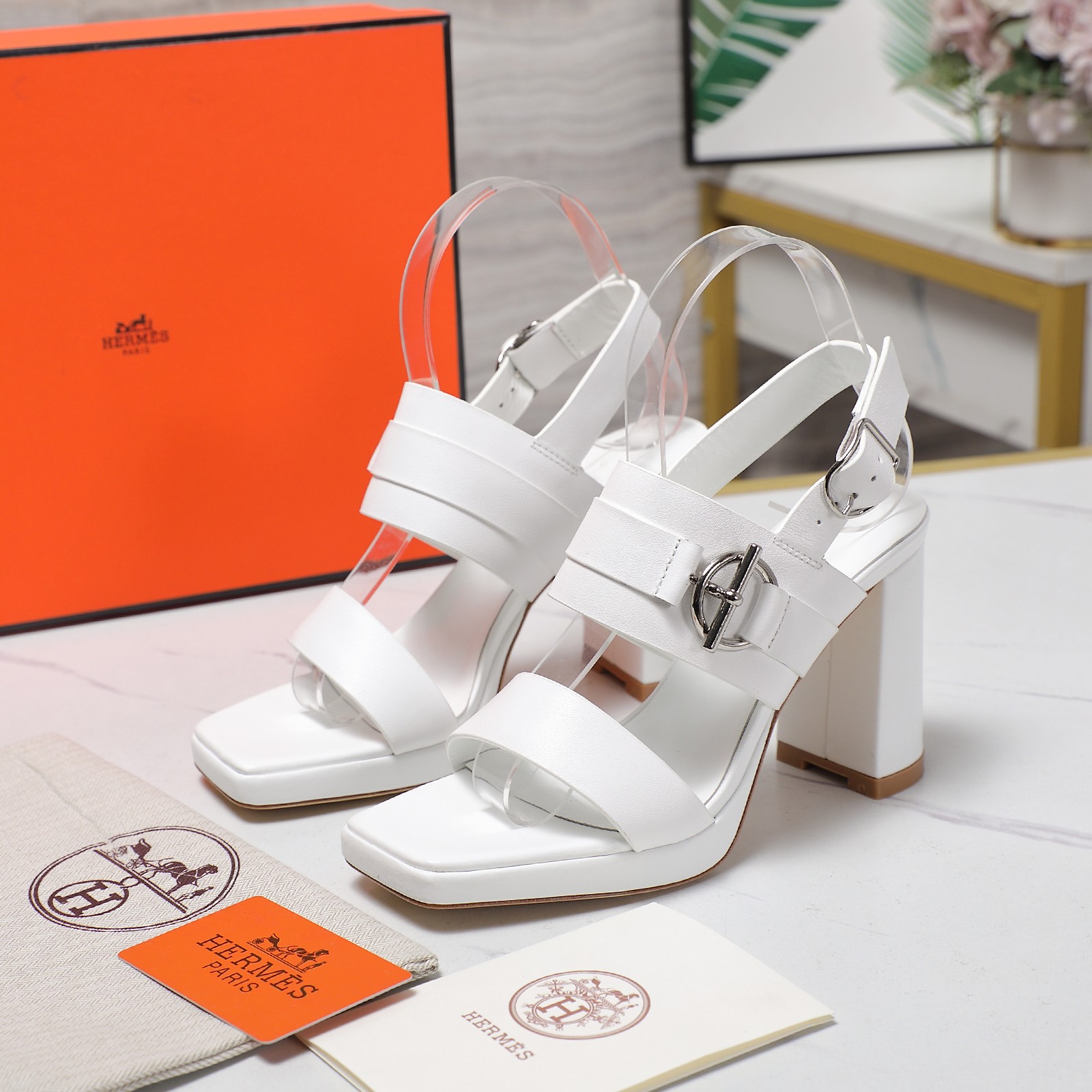 Hermès White Leather Heeled Sandals Platform Ankle Strap Block Heel 5 a1745241218600 8852