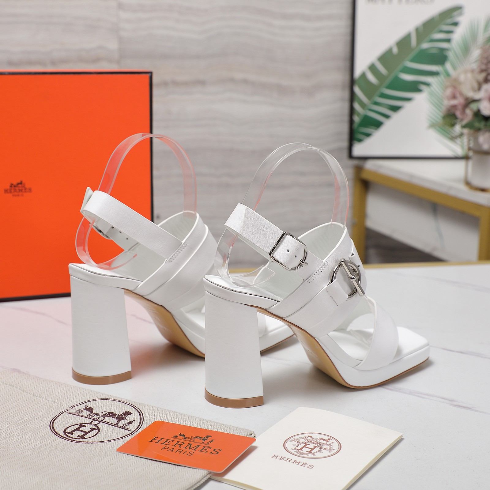 Hermès White Leather Heeled Sandals Platform Ankle Strap Block Heel 10 a1745241218951 7063