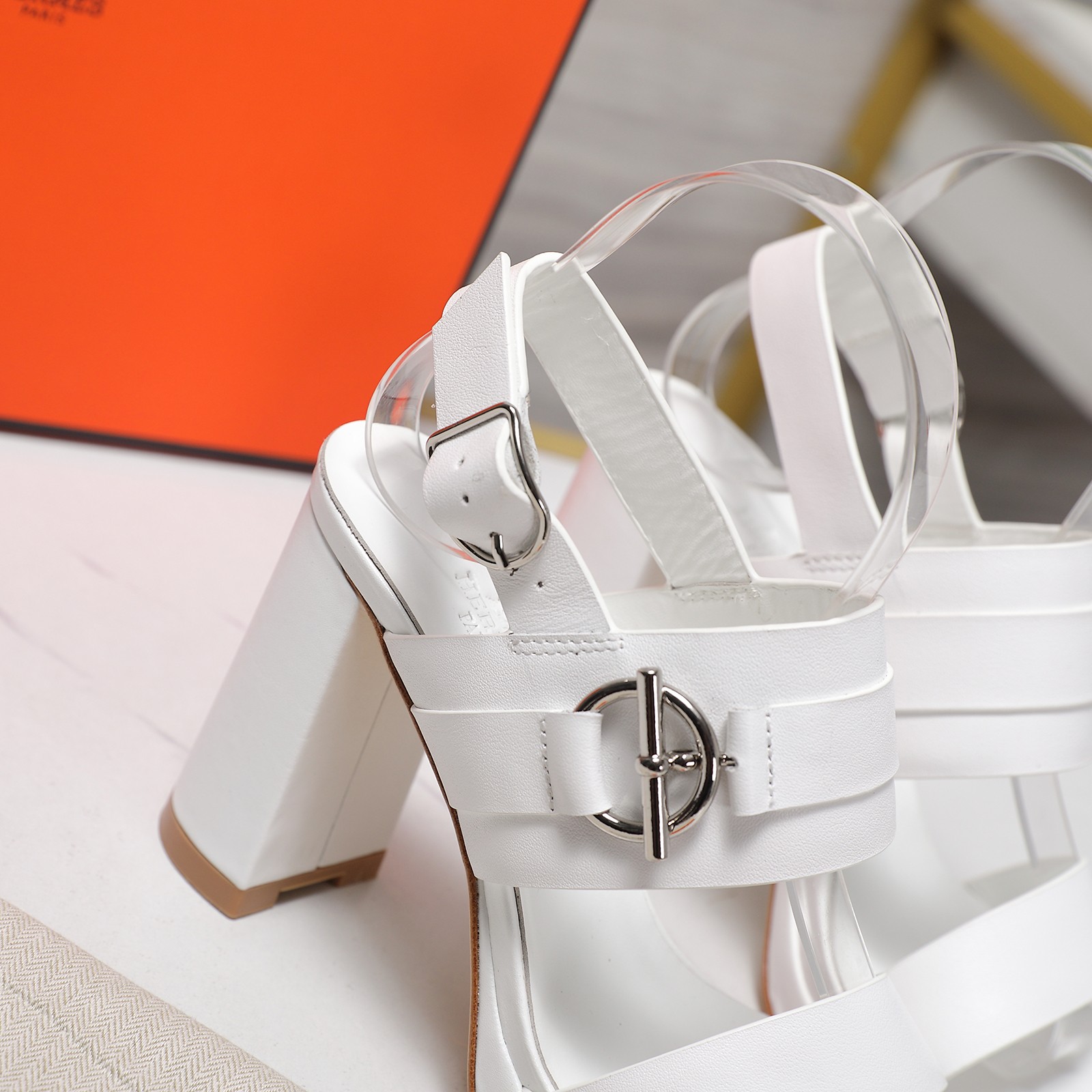 Hermès White Leather Heeled Sandals Platform Ankle Strap Block Heel 9 a1745241234313 1364