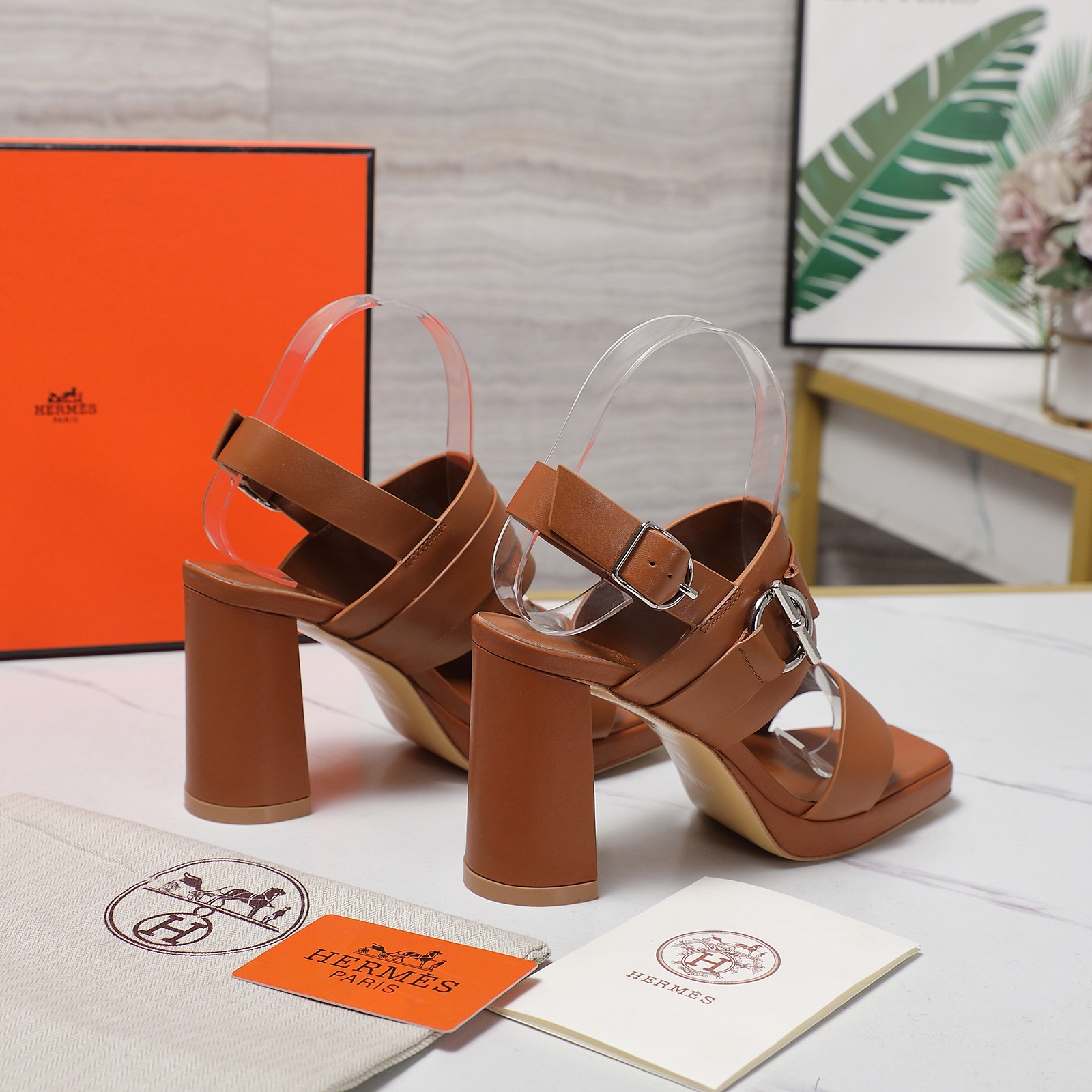 Hermes Women's Leather Platform Heeled Sandals Ankle Buckle Strap 9 a1745241330369 8216