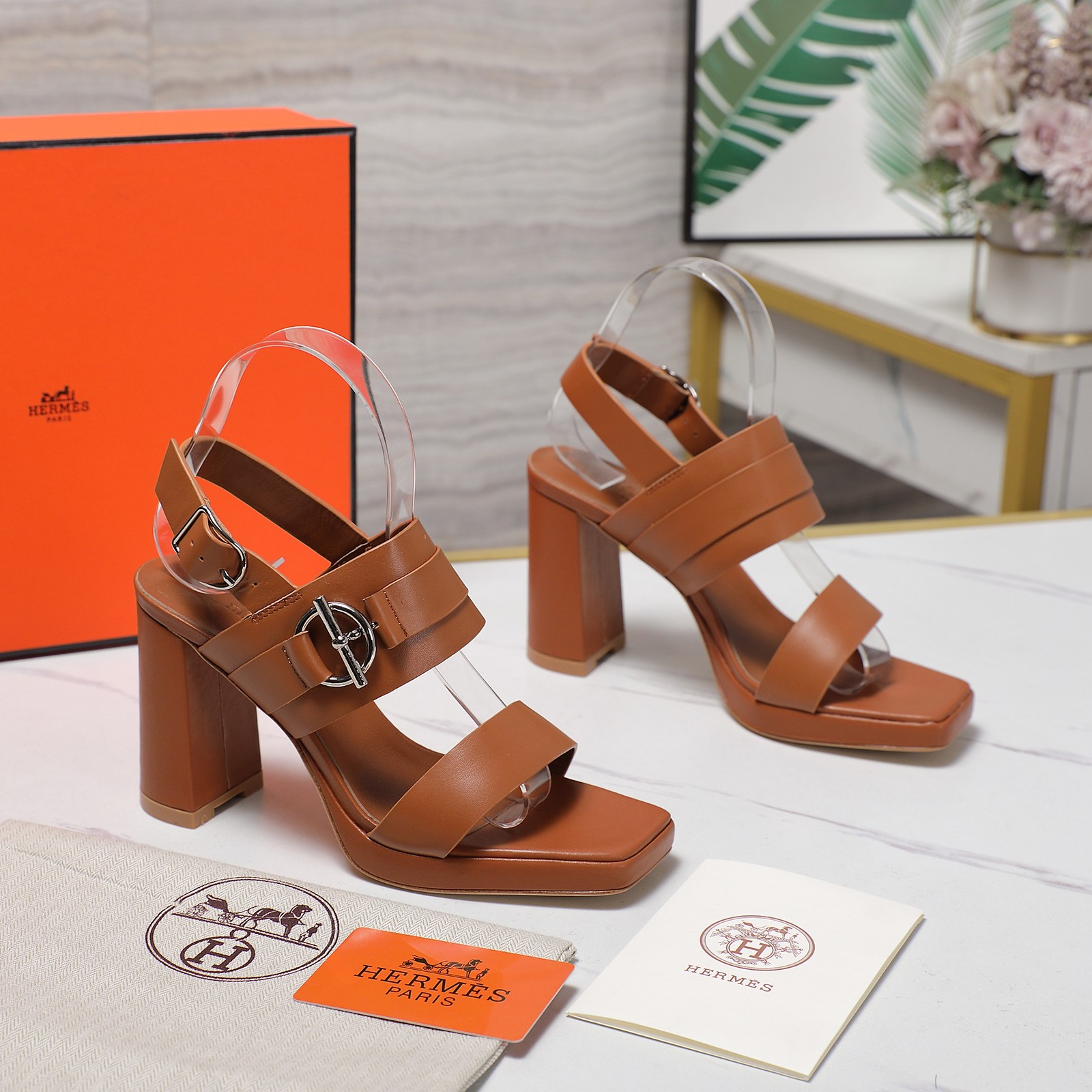 Hermes Women's Leather Platform Heeled Sandals Ankle Buckle Strap 3 a1745241330412 7477
