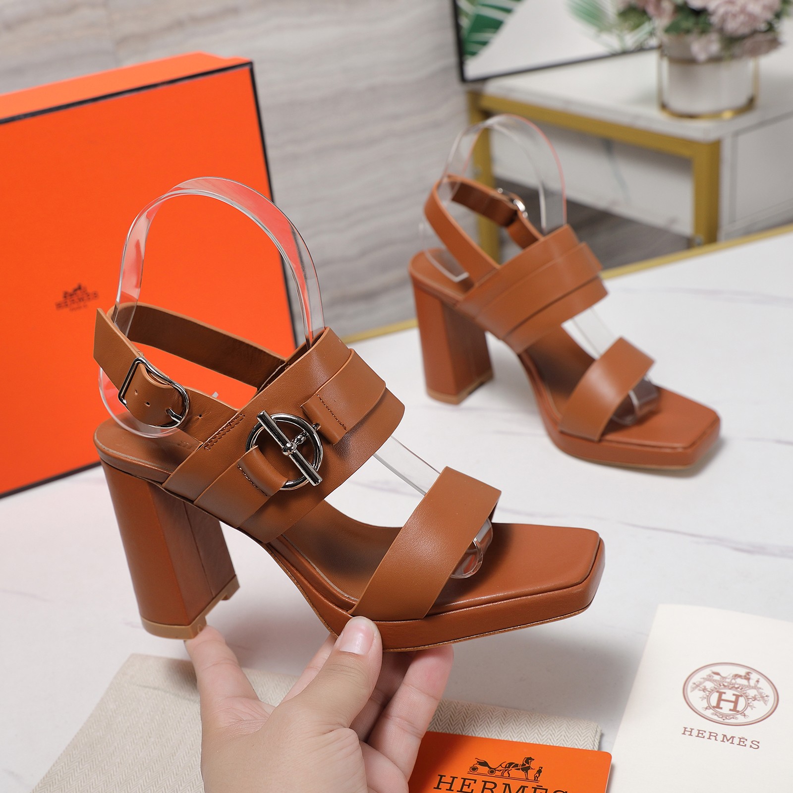 Hermes Women's Leather Platform Heeled Sandals Ankle Buckle Strap 1 Hermes Women's Leather Platform Heeled Sandals Ankle Buckle Strap