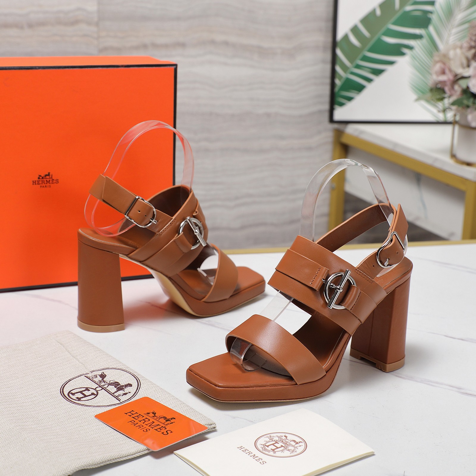 Hermes Women's Leather Platform Heeled Sandals Ankle Buckle Strap 10 a1745241331360 8537