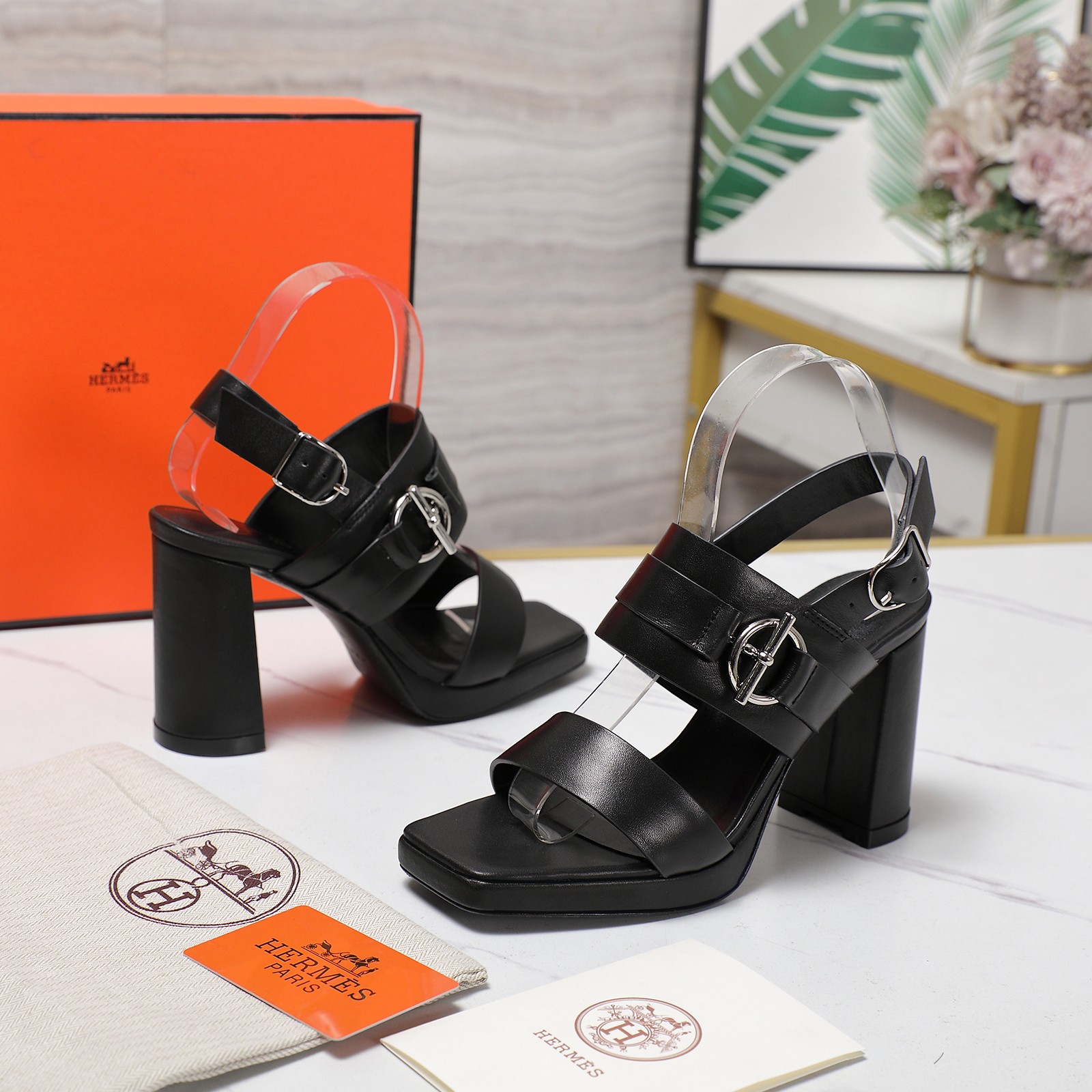 Hermès Women's Black Leather Heeled Sandals with Iconic Buckle 7 a1745241381602 0622