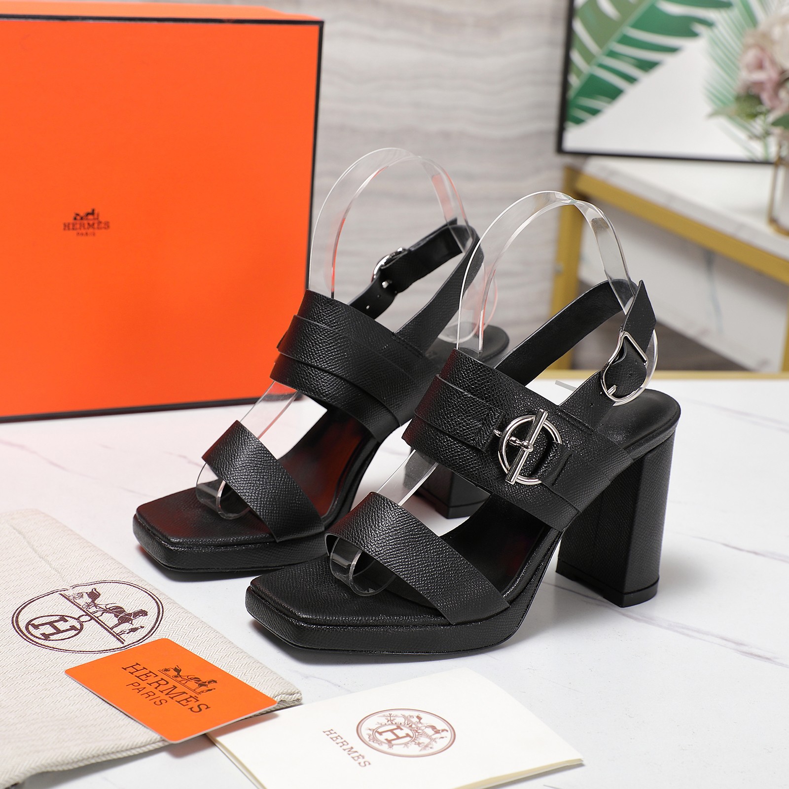 Hermes Women's Black Leather Platform Heeled Sandals, Block Heel Shoes 3 a1745243138708 4338