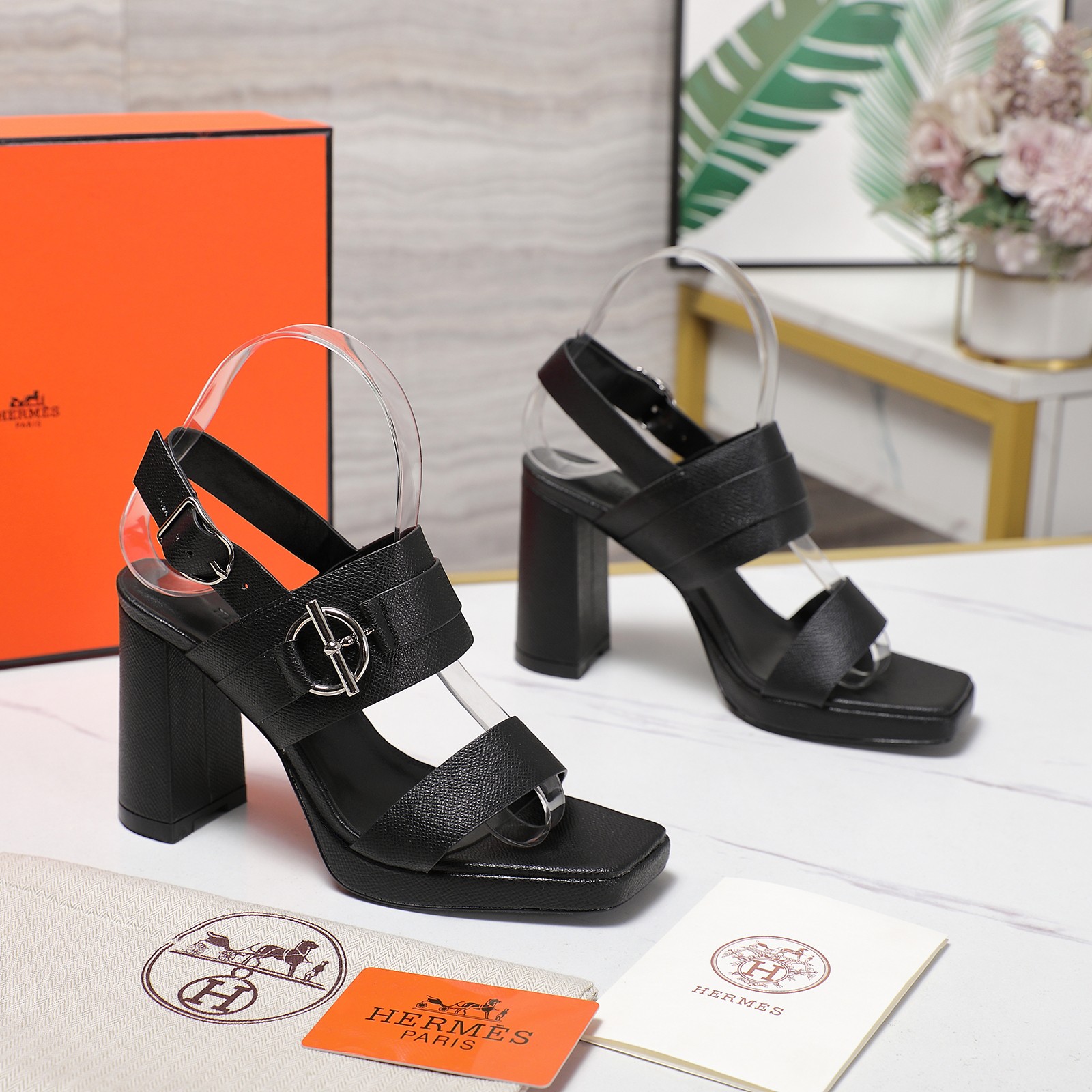 Hermes Women's Black Leather Platform Heeled Sandals, Block Heel Shoes 5 a1745243138725 1018