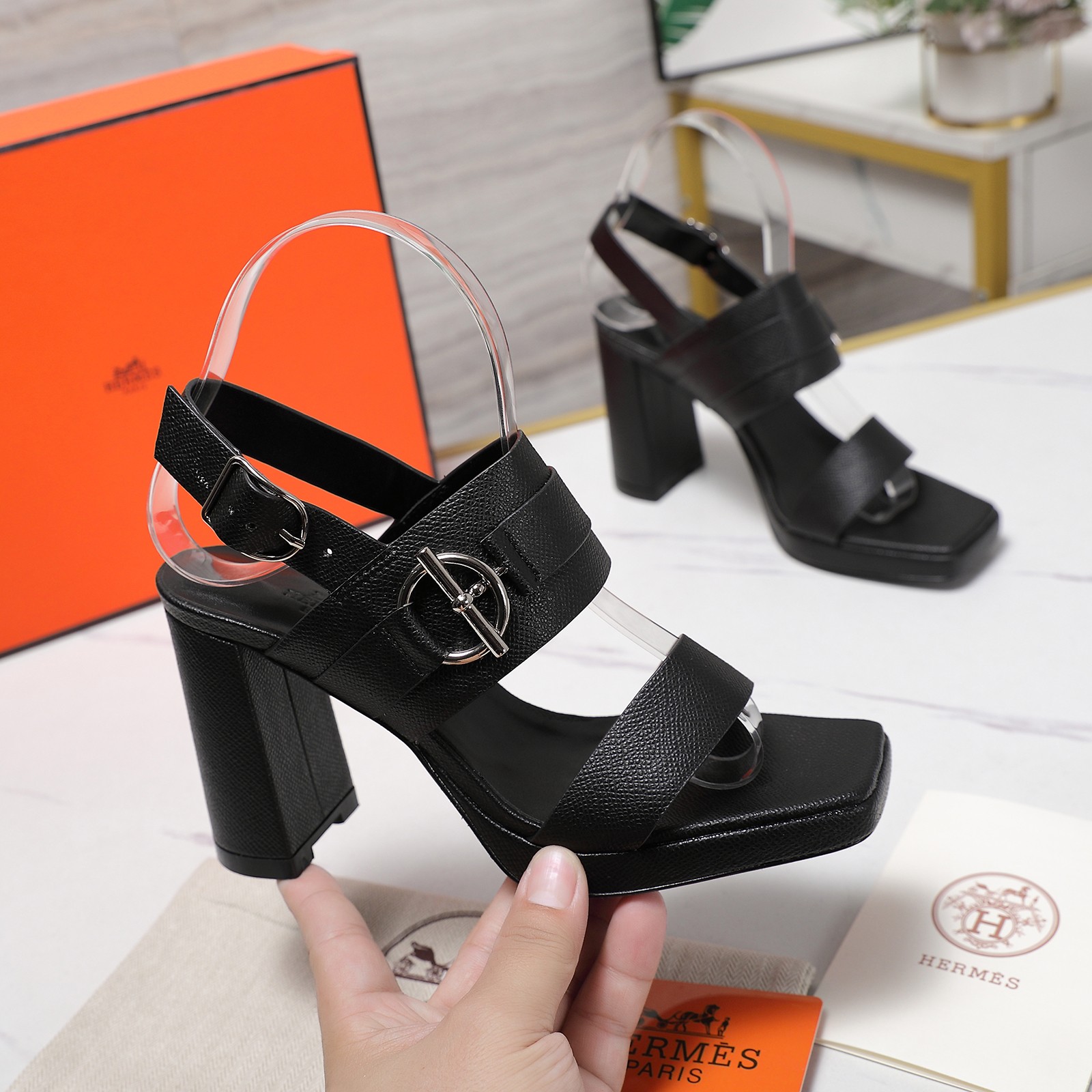 Hermes Women's Black Leather Platform Heeled Sandals, Block Heel Shoes 1 Hermes Women's Black Leather Platform Heeled Sandals, Block Heel Shoes