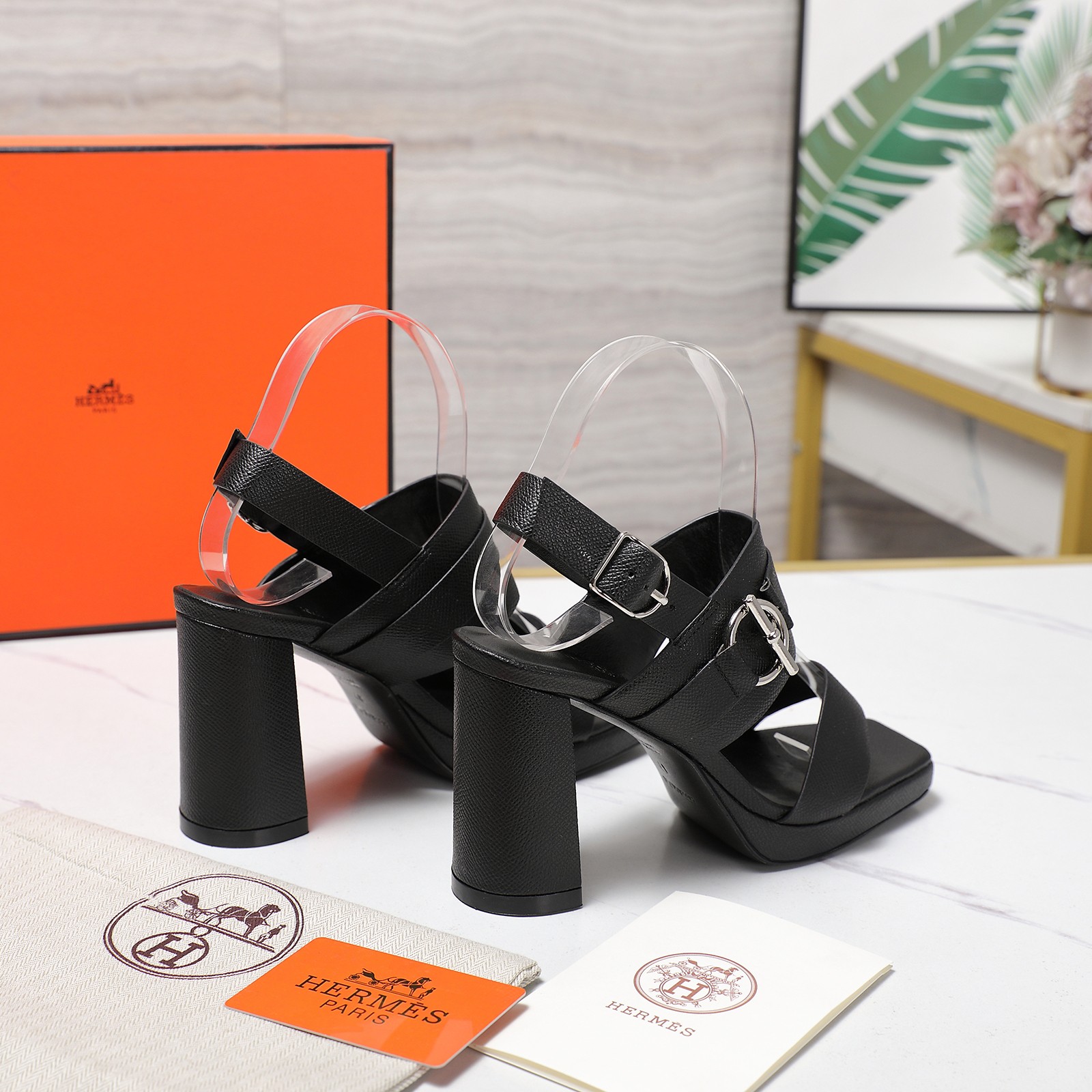 Hermes Women's Black Leather Platform Heeled Sandals, Block Heel Shoes 8 a1745243139796 7460
