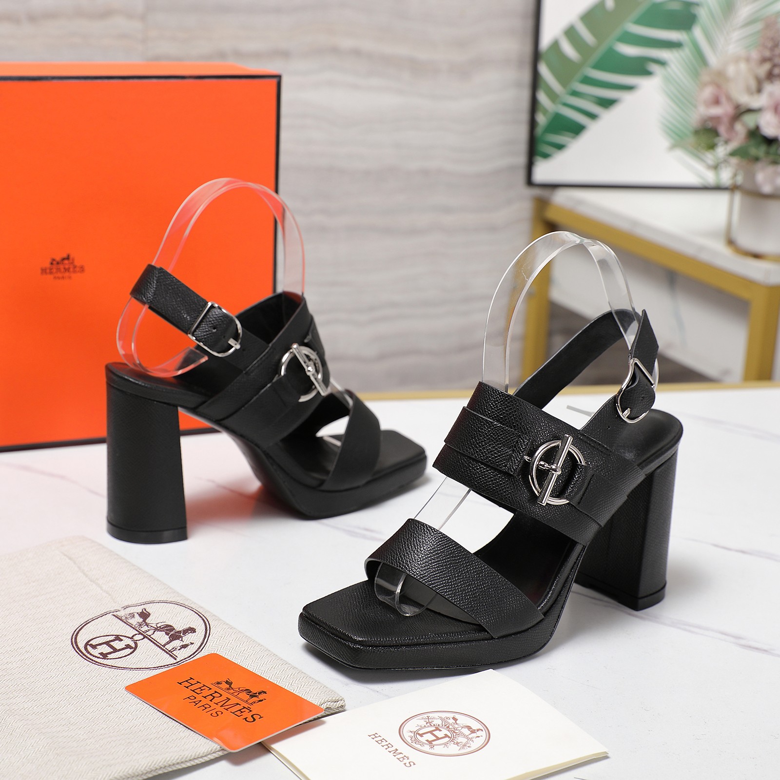 Hermes Women's Black Leather Platform Heeled Sandals, Block Heel Shoes 7 a1745243139797 1226