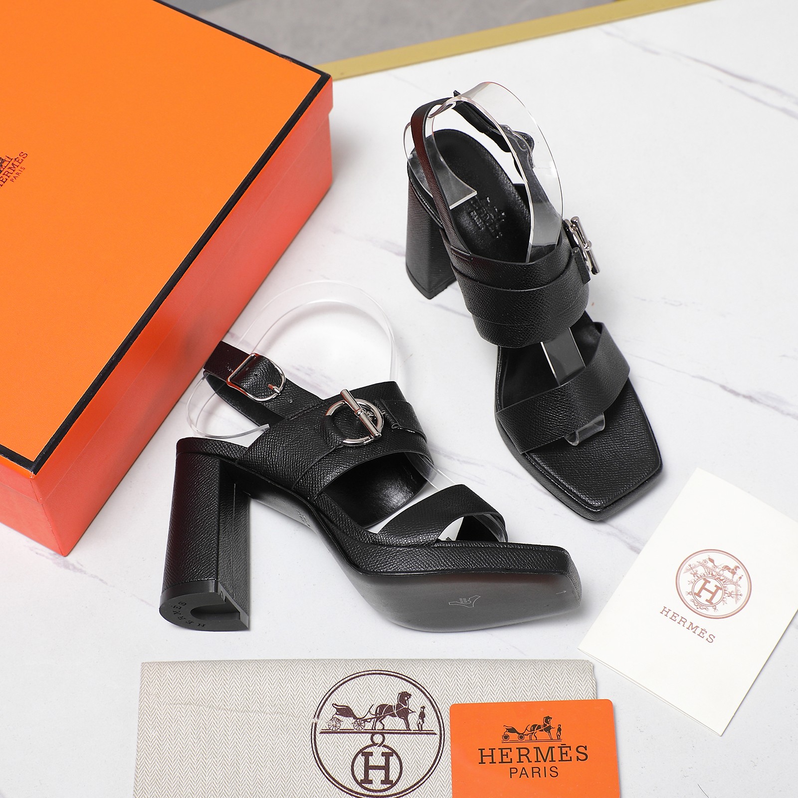 Hermes Women's Black Leather Platform Heeled Sandals, Block Heel Shoes 4 a1745243139798 0033