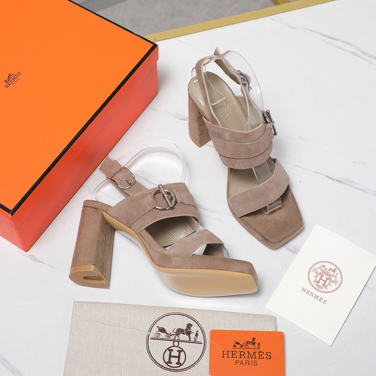 Hermès Women's Suede Heeled Sandals Ankle Strap Platform Block Heel Shoes 4 a1745243166820 5077