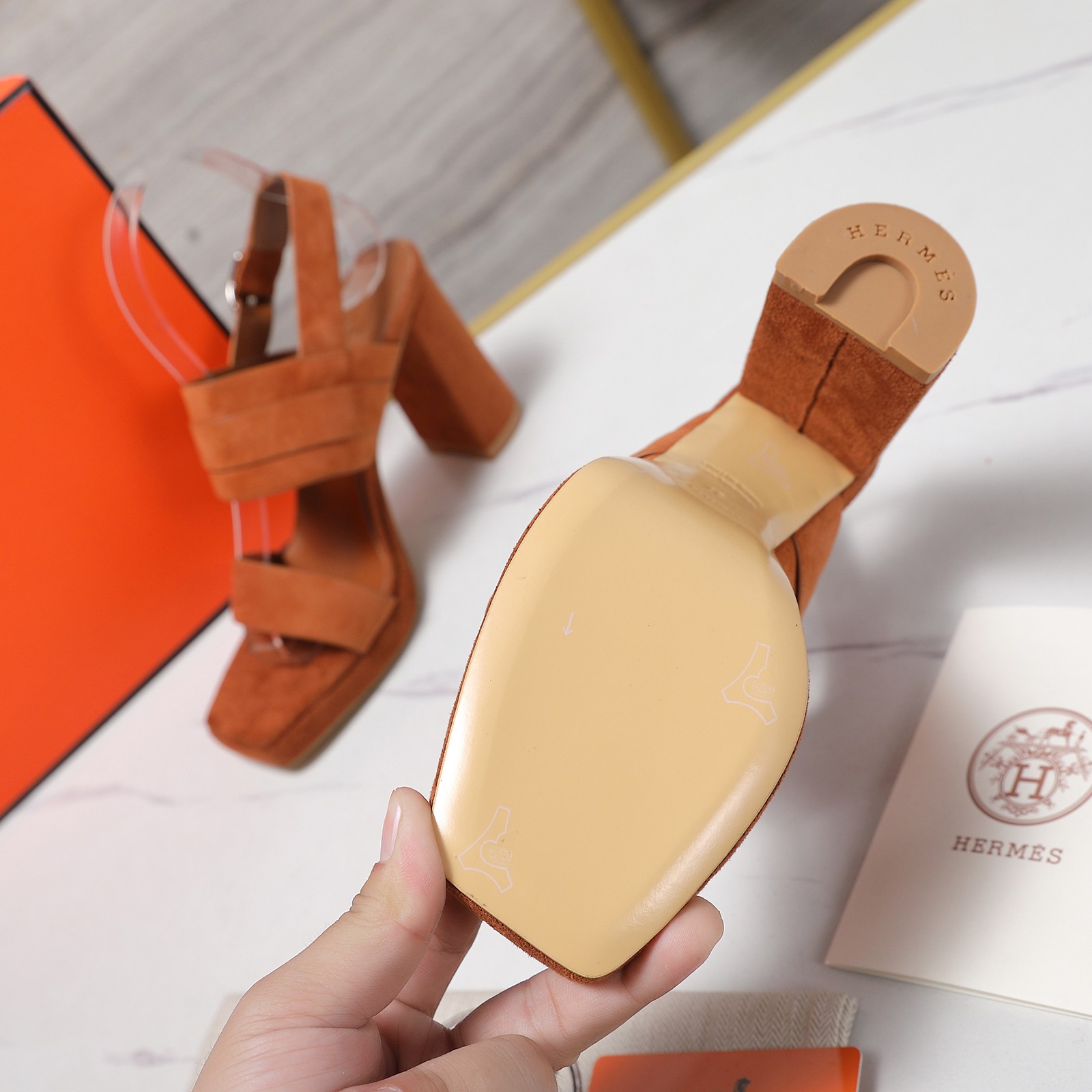 Hermes Women's Heeled Sandals Suede Leather Waterproof Platform Block Heel 9 a1745243193882 8150
