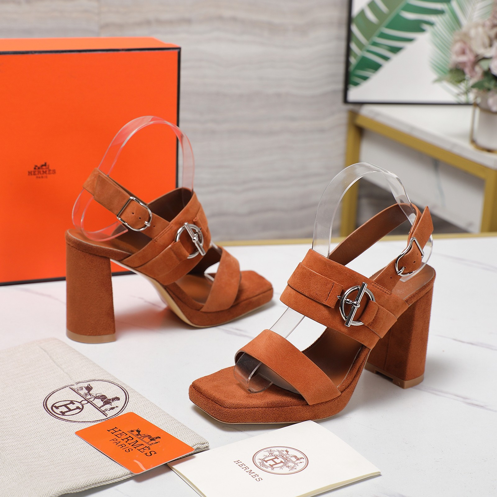Hermes Women's Heeled Sandals Suede Leather Waterproof Platform Block Heel 7 a1745243193909 4763