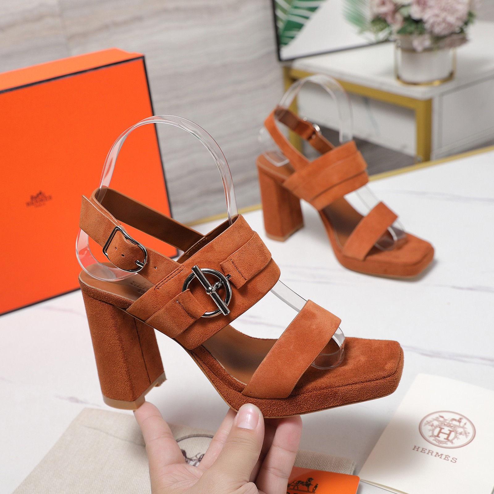 Hermes Women's Heeled Sandals Suede Leather Waterproof Platform Block Heel 1 Hermes Women's Heeled Sandals Suede Leather Waterproof Platform Block Heel