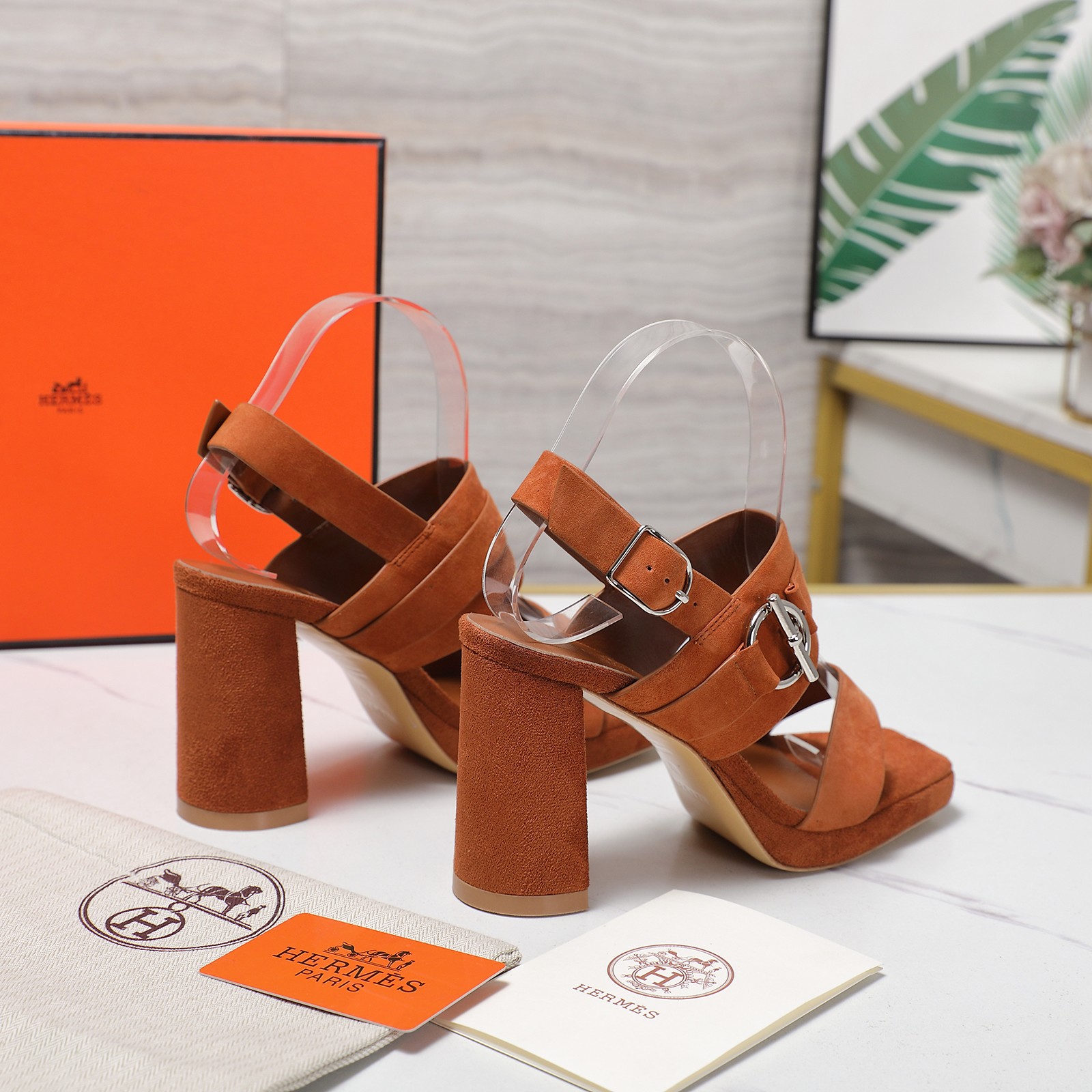 Hermes Women's Heeled Sandals Suede Leather Waterproof Platform Block Heel 10 a1745243195010 2602