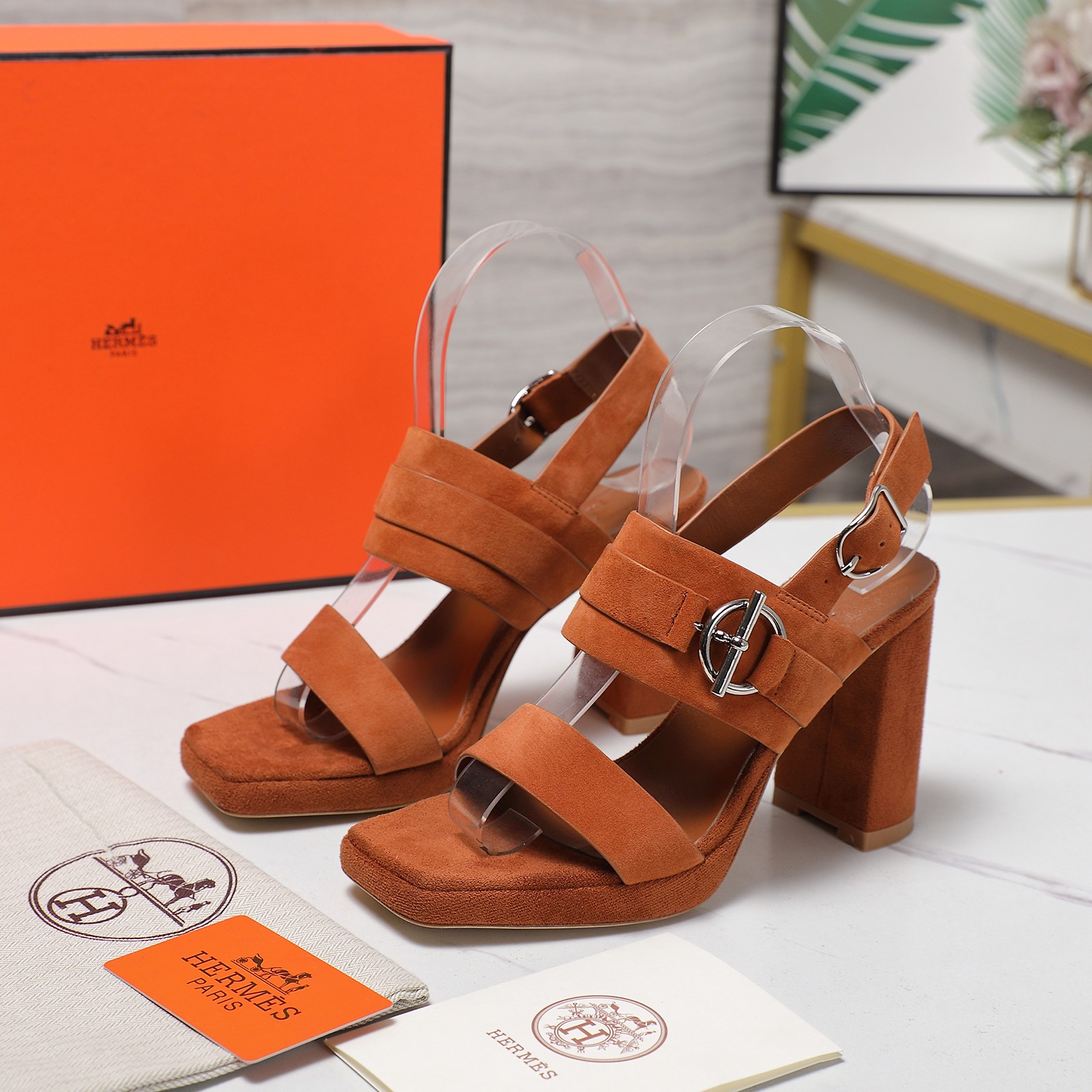 Hermes Women's Heeled Sandals Suede Leather Waterproof Platform Block Heel 4 a1745243195012 5532