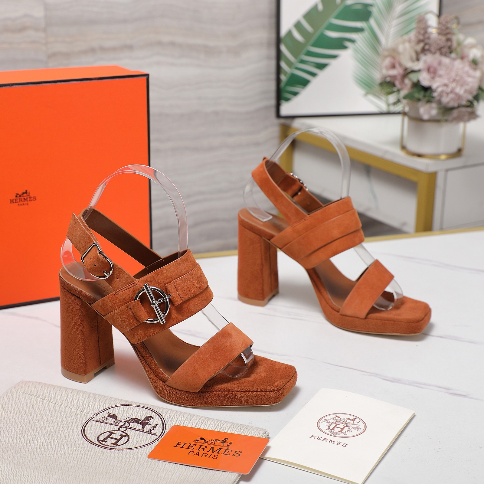 Hermes Women's Heeled Sandals Suede Leather Waterproof Platform Block Heel 3 a1745243195017 3433