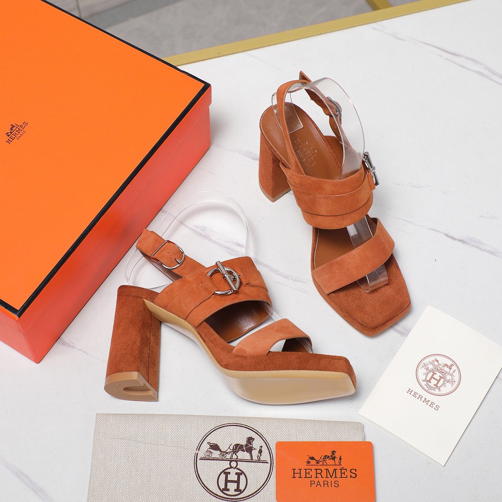 Hermes Women's Heeled Sandals Suede Leather Waterproof Platform Block Heel 5 a1745243195025 0604