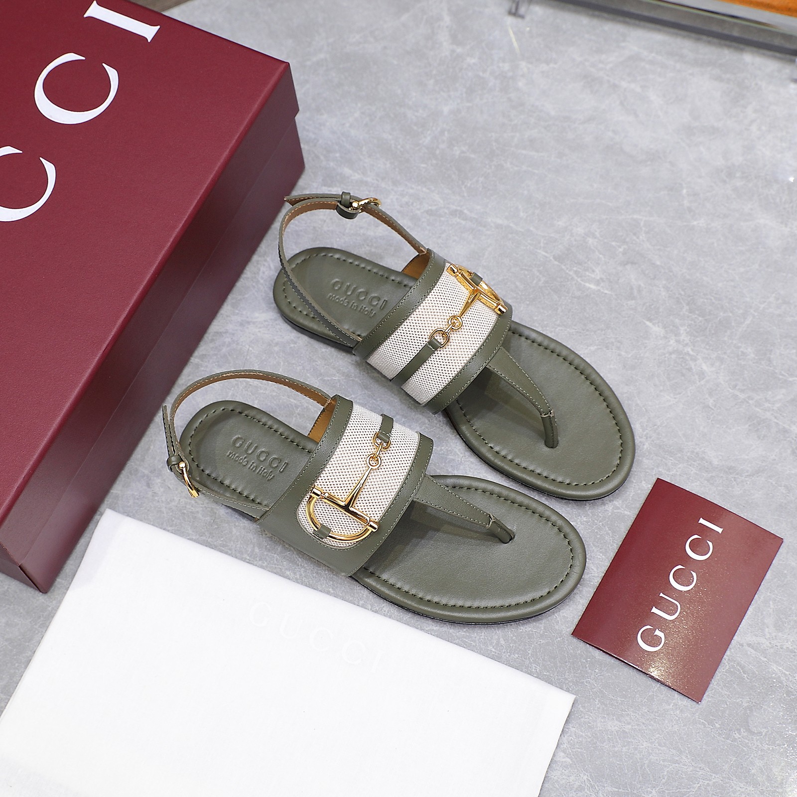 Gucci Women's Olive Green Leather Thong Sandals with Horsebit Detail 10 a1746344355307 0666