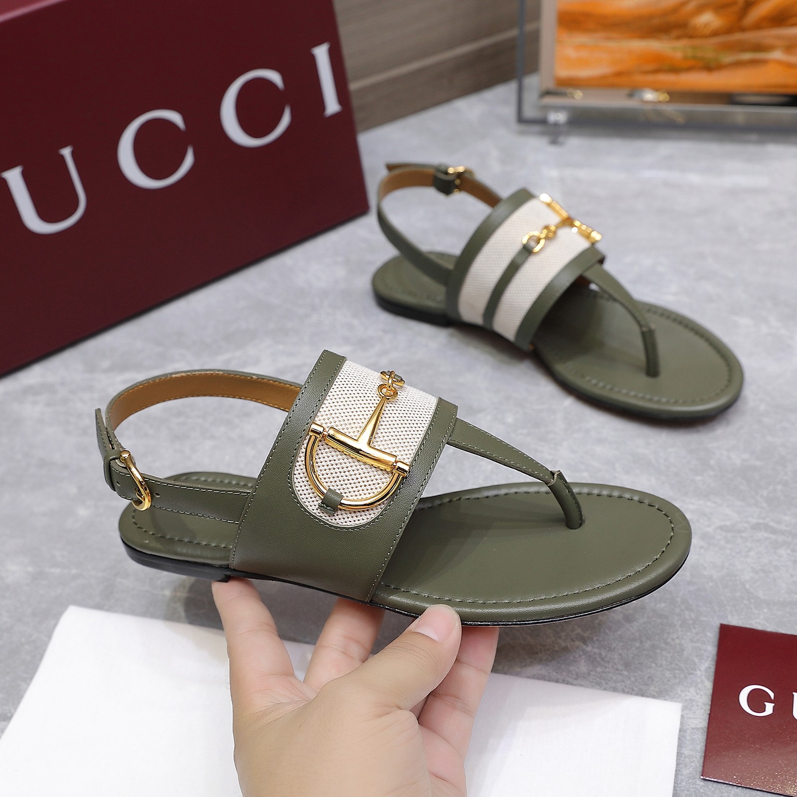 Gucci Women's Olive Green Leather Thong Sandals with Horsebit Detail 1 Gucci Women's Olive Green Leather Thong Sandals with Horsebit Detail