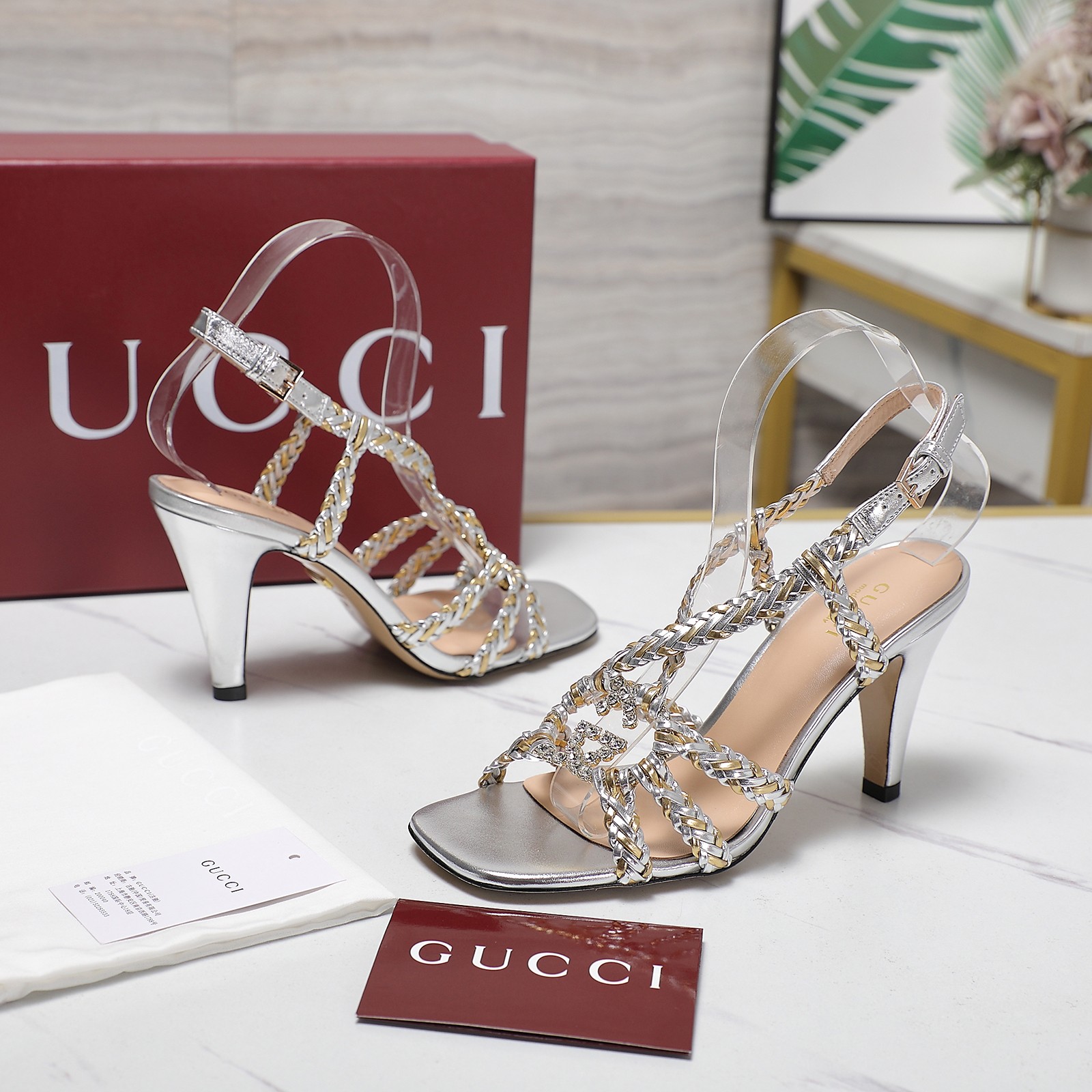 Gucci Crystal-Embellished Braided Heeled Sandals, Silver Leather, Designer Shoes 7 a1746360710148 4678