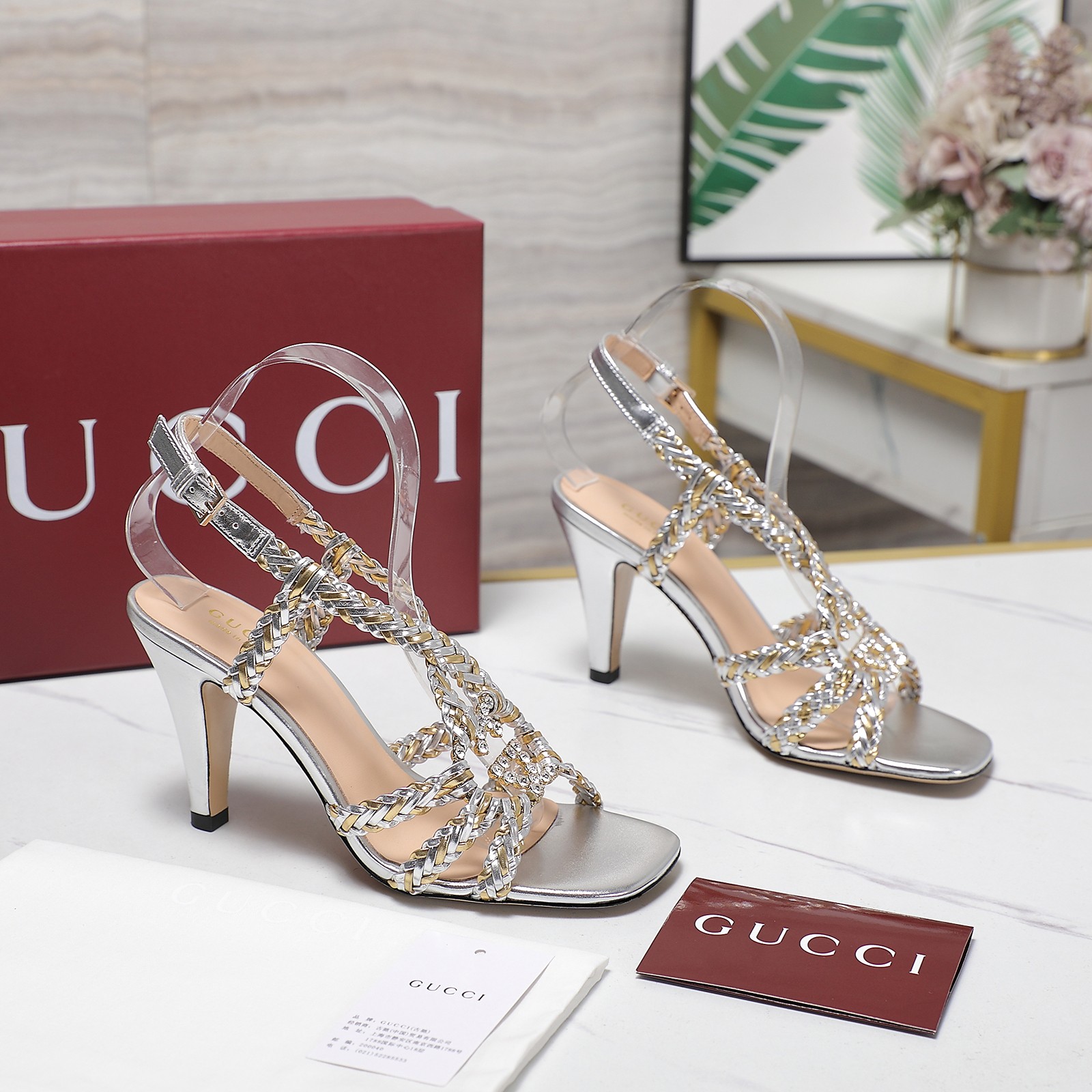 Gucci Crystal-Embellished Braided Heeled Sandals, Silver Leather, Designer Shoes 5 a1746360710180 0251
