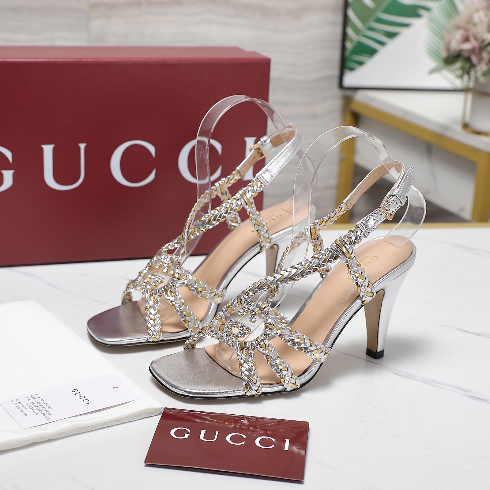 Gucci Crystal-Embellished Braided Heeled Sandals, Silver Leather, Designer Shoes 6 a1746360710195 3382