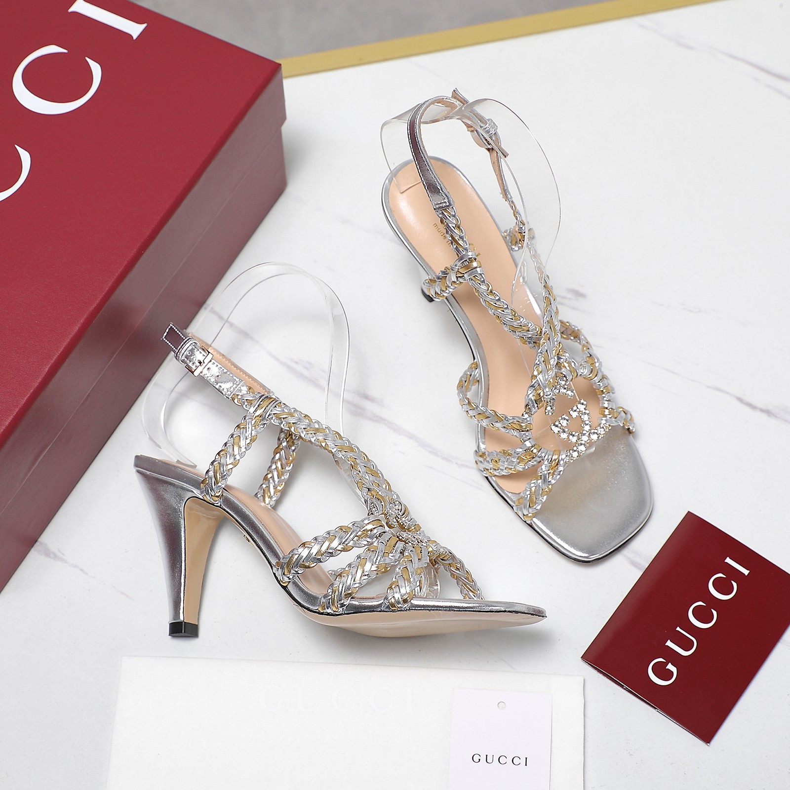 Gucci Crystal-Embellished Braided Heeled Sandals, Silver Leather, Designer Shoes 4 a1746360710198 8667