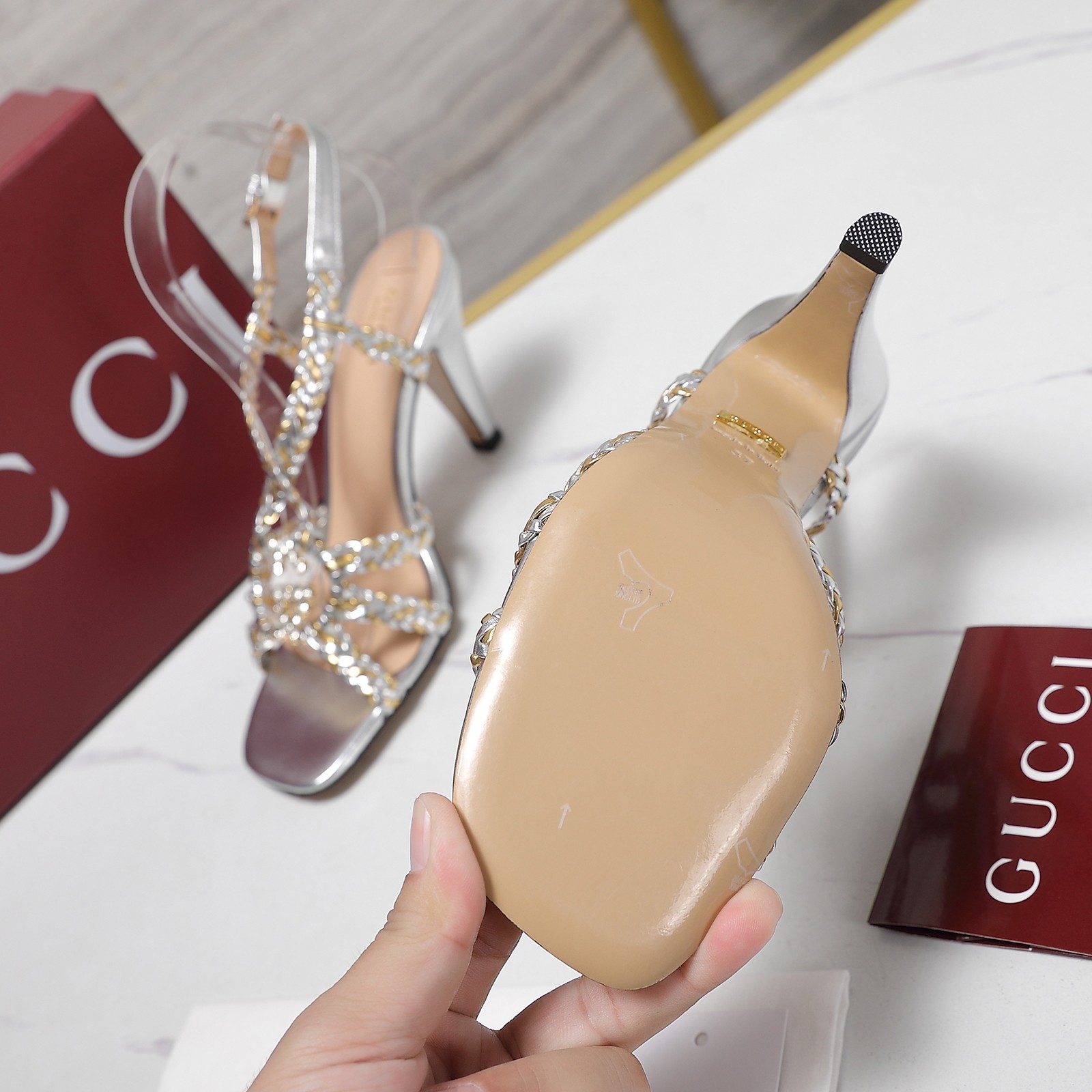 Gucci Crystal-Embellished Braided Heeled Sandals, Silver Leather, Designer Shoes 10 a1746360711366 6408