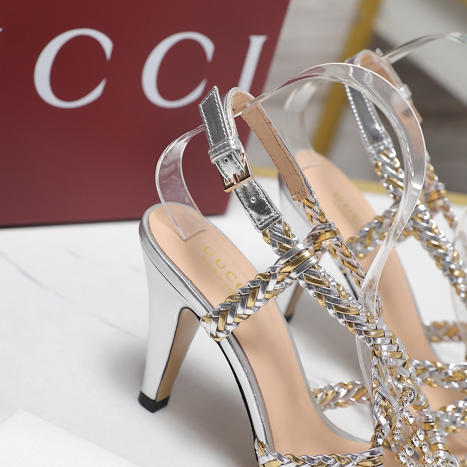 Gucci Crystal-Embellished Braided Heeled Sandals, Silver Leather, Designer Shoes 9 a1746360711374 4785
