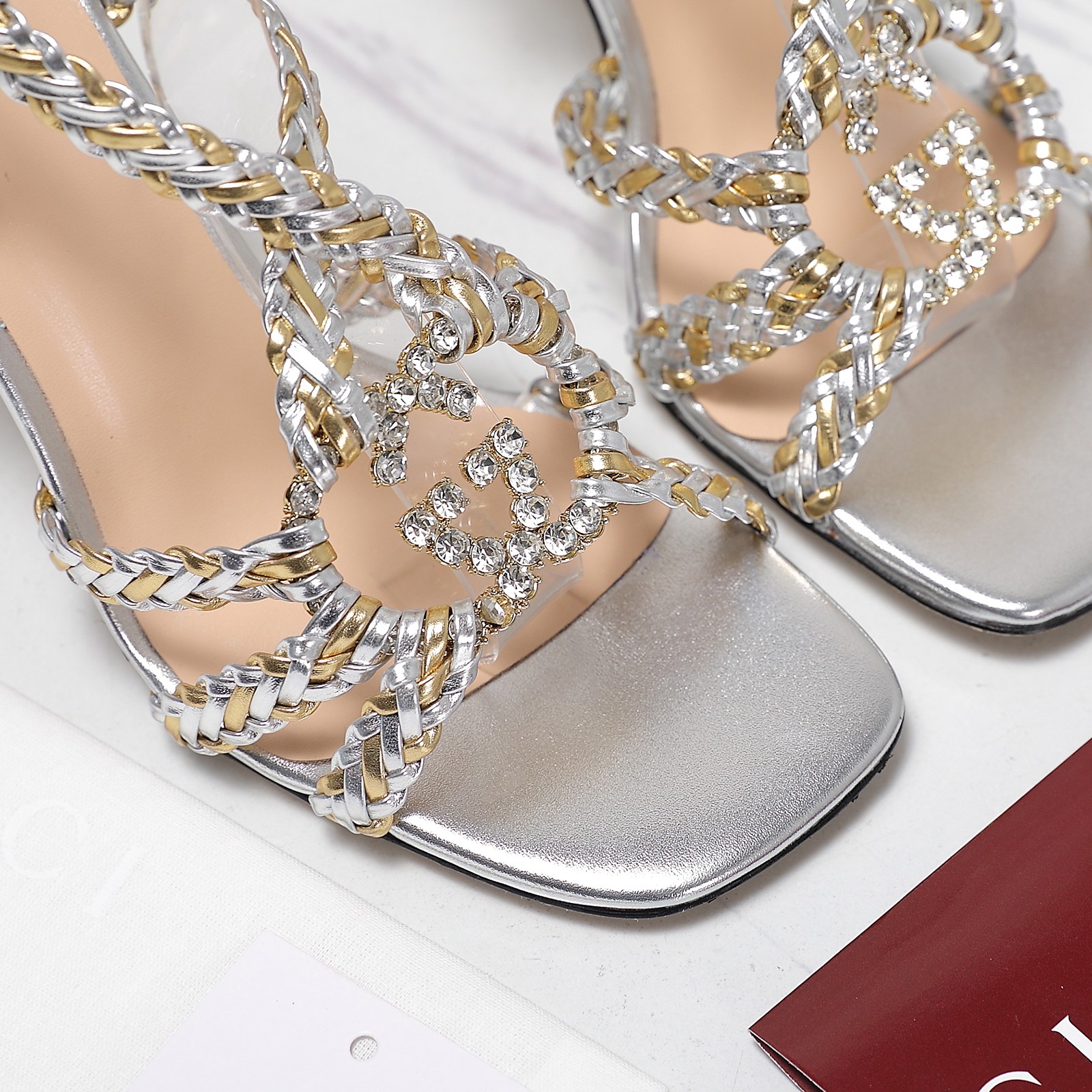 Gucci Crystal-Embellished Braided Heeled Sandals, Silver Leather, Designer Shoes 8 a1746360711385 0645