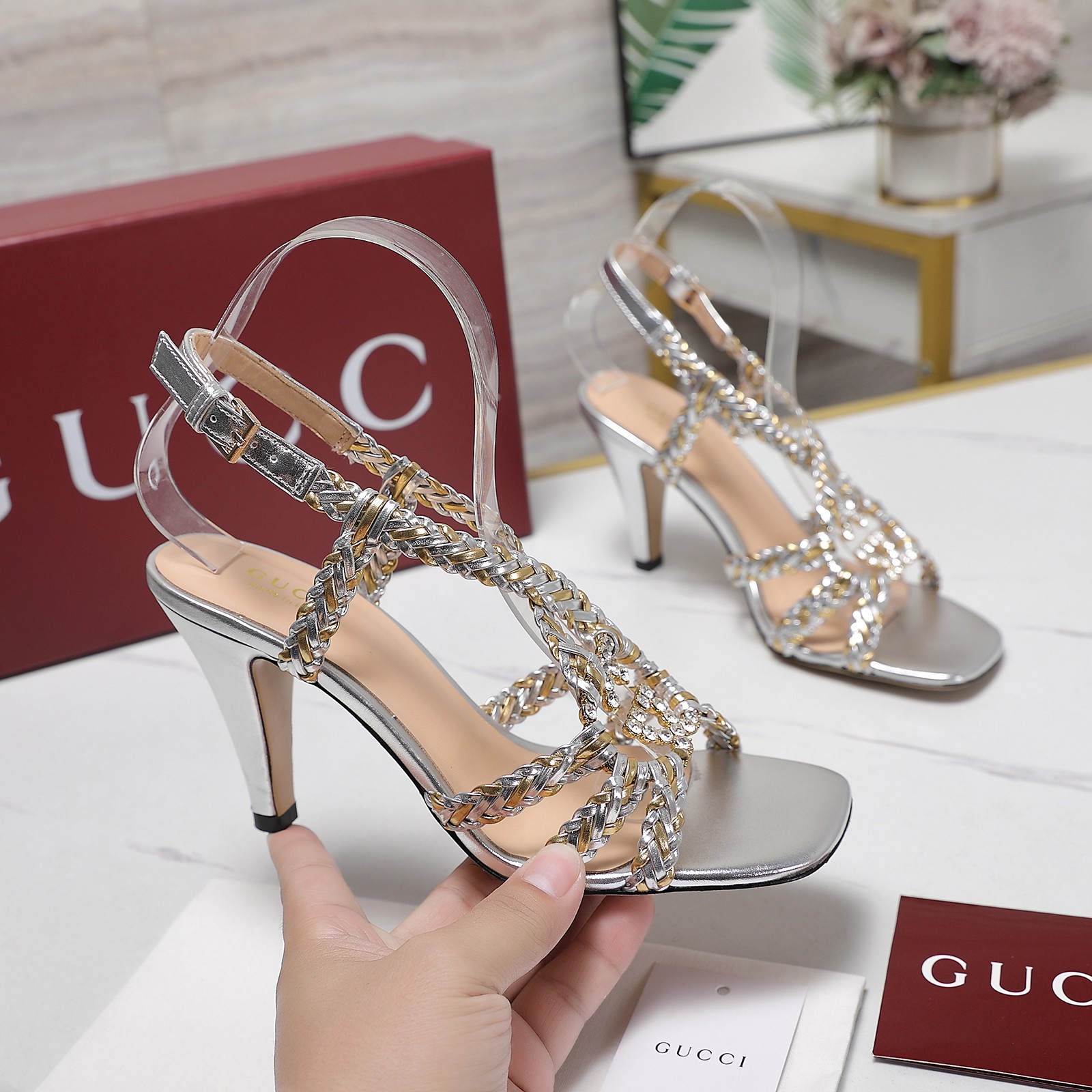 Gucci Crystal-Embellished Braided Heeled Sandals, Silver Leather, Designer Shoes 1 Gucci Crystal-Embellished Braided Heeled Sandals, Silver Leather, Designer Shoes