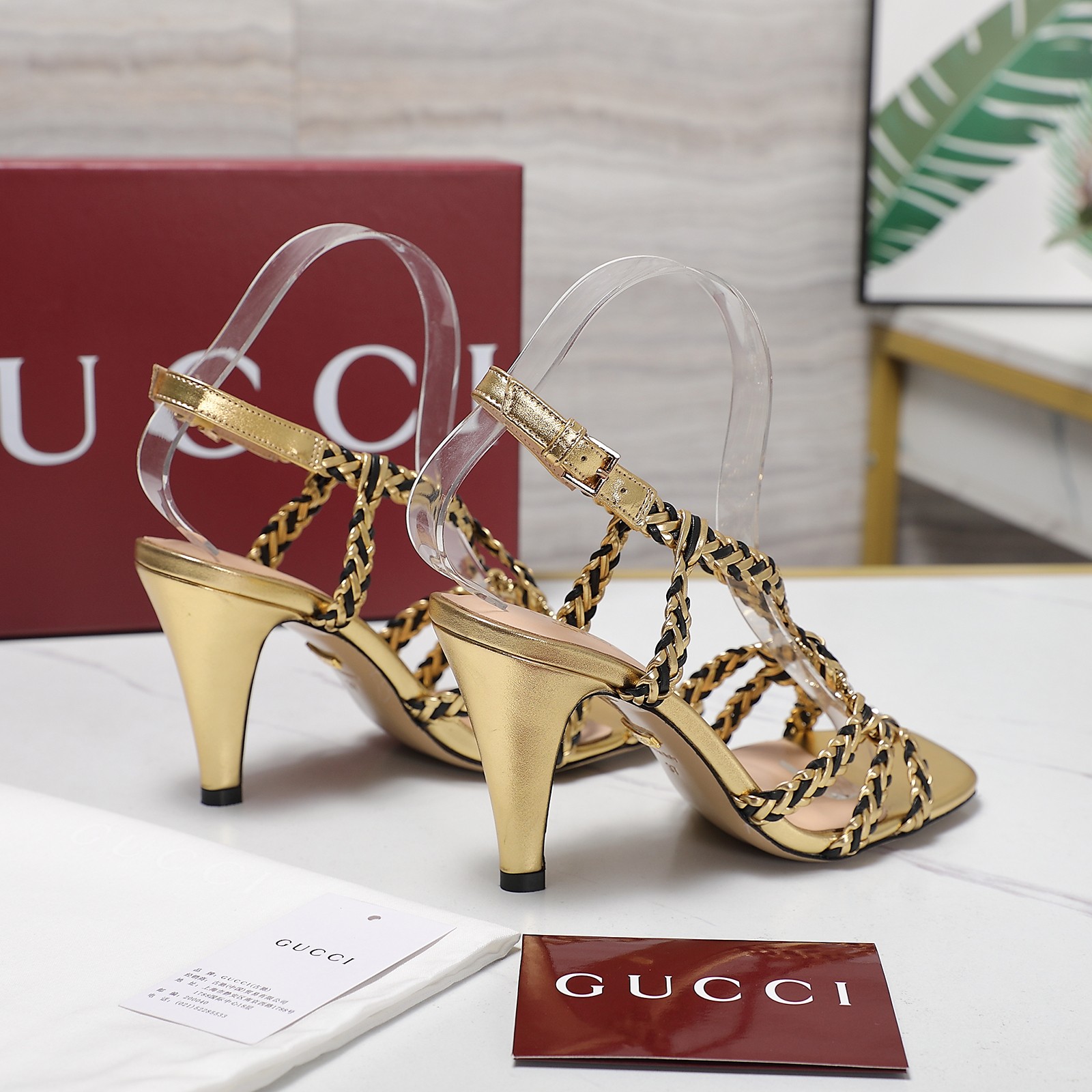 Gucci Crystal Embellished Woven Heeled Sandals - Gold Metallic Leather 5 a1746360797584 0110