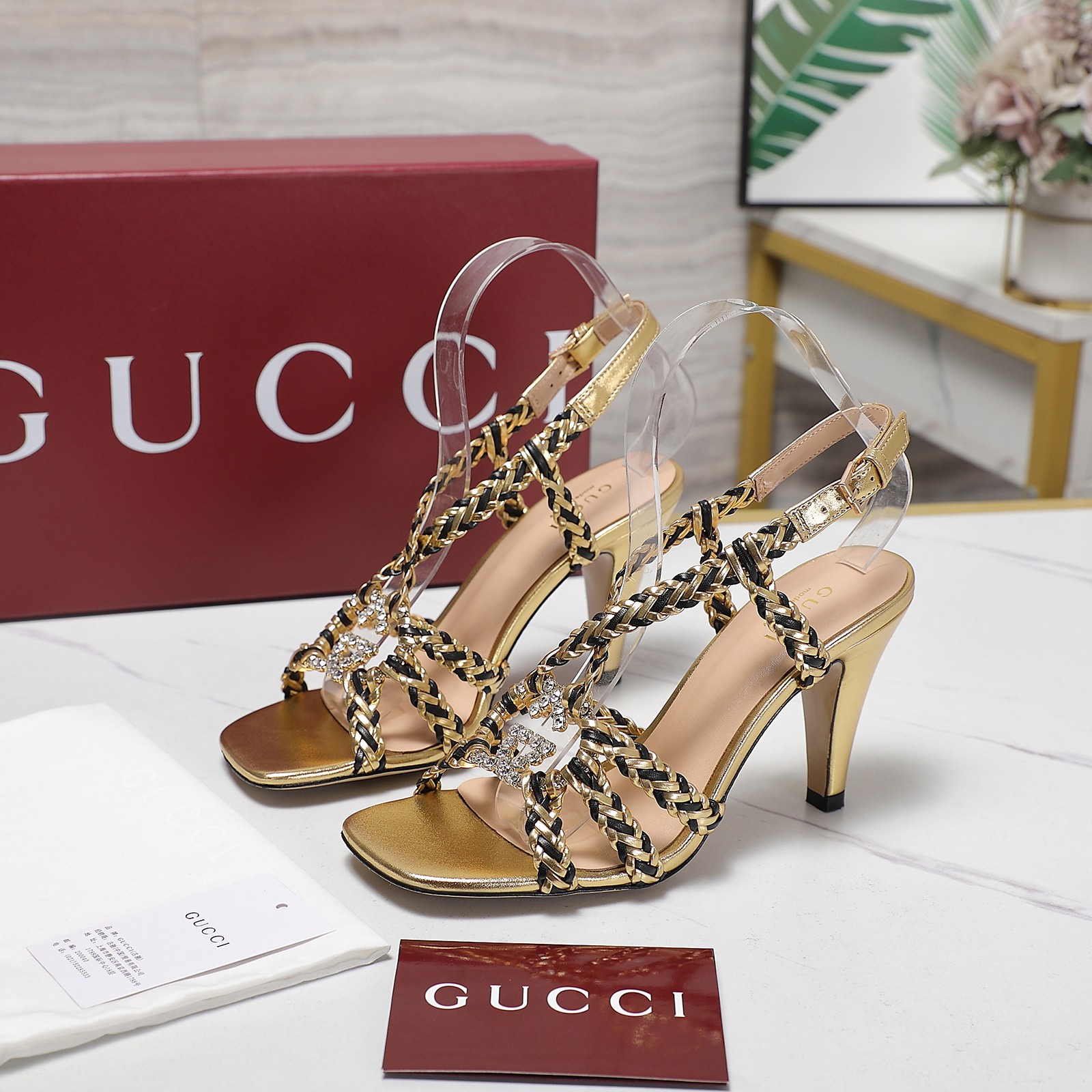 Gucci Crystal Embellished Woven Heeled Sandals - Gold Metallic Leather 6 a1746360797606 8443