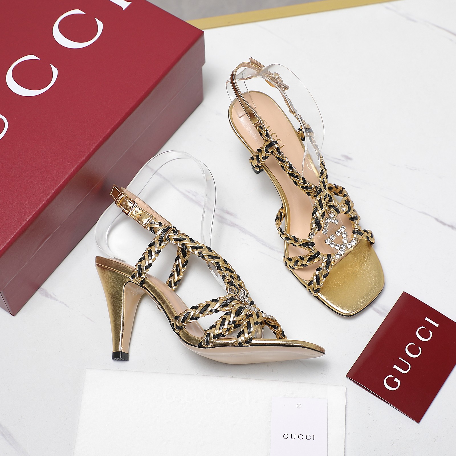 Gucci Crystal Embellished Woven Heeled Sandals - Gold Metallic Leather 4 a1746360797620 4126