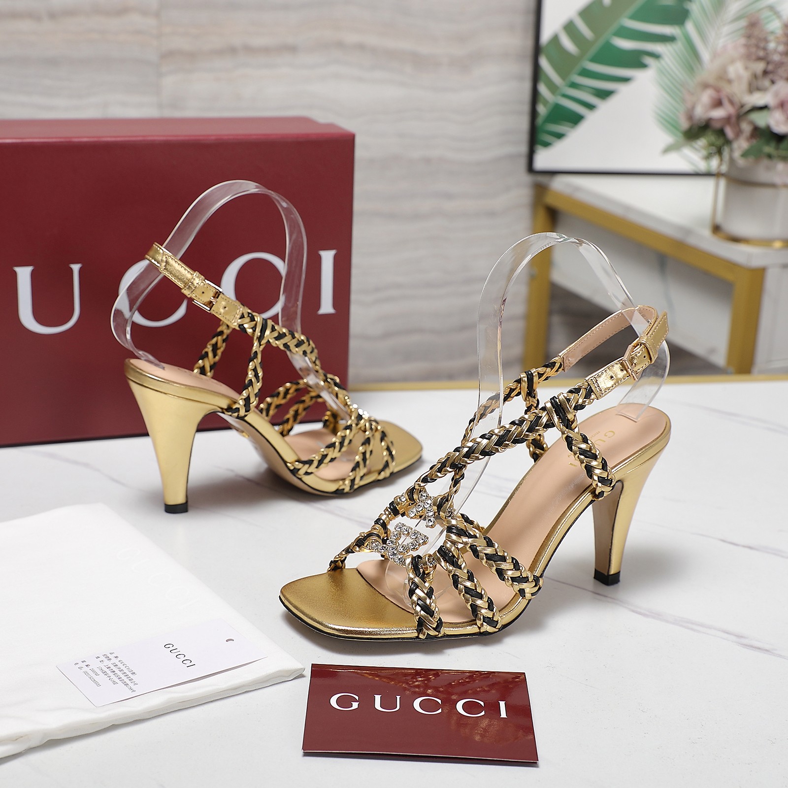 Gucci Crystal Embellished Woven Heeled Sandals - Gold Metallic Leather 3 a1746360797632 4586