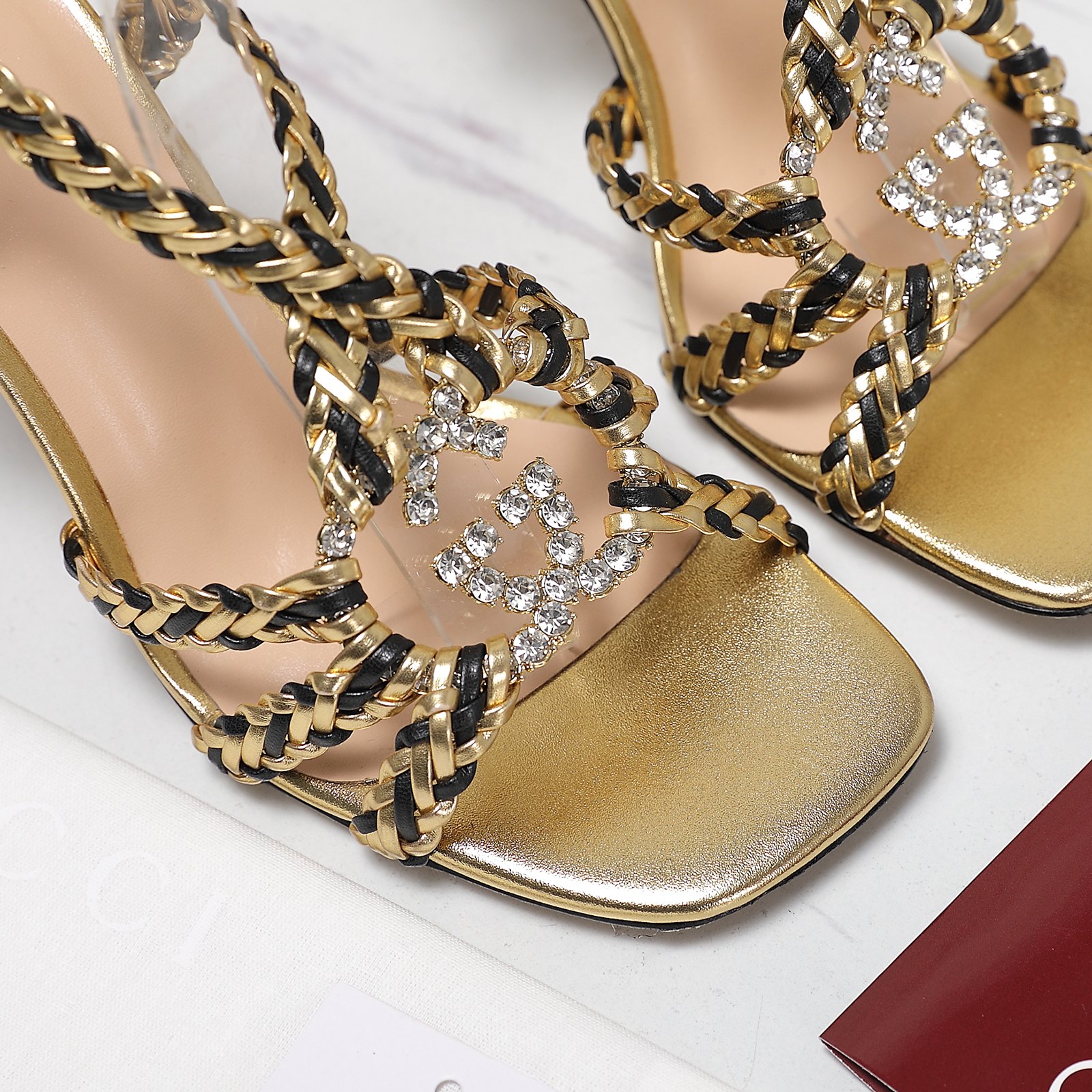 Gucci Crystal Embellished Woven Heeled Sandals - Gold Metallic Leather 9 a1746360797755 6028