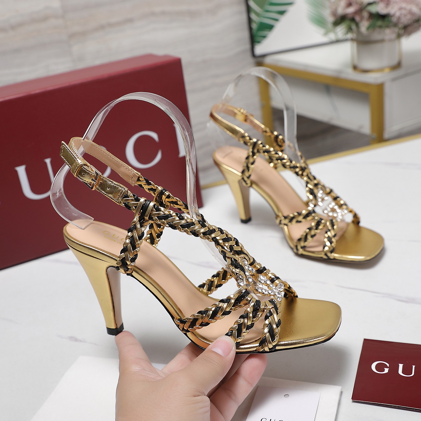 Gucci Crystal Embellished Woven Heeled Sandals - Gold Metallic Leather 2 a1746360798951 0885