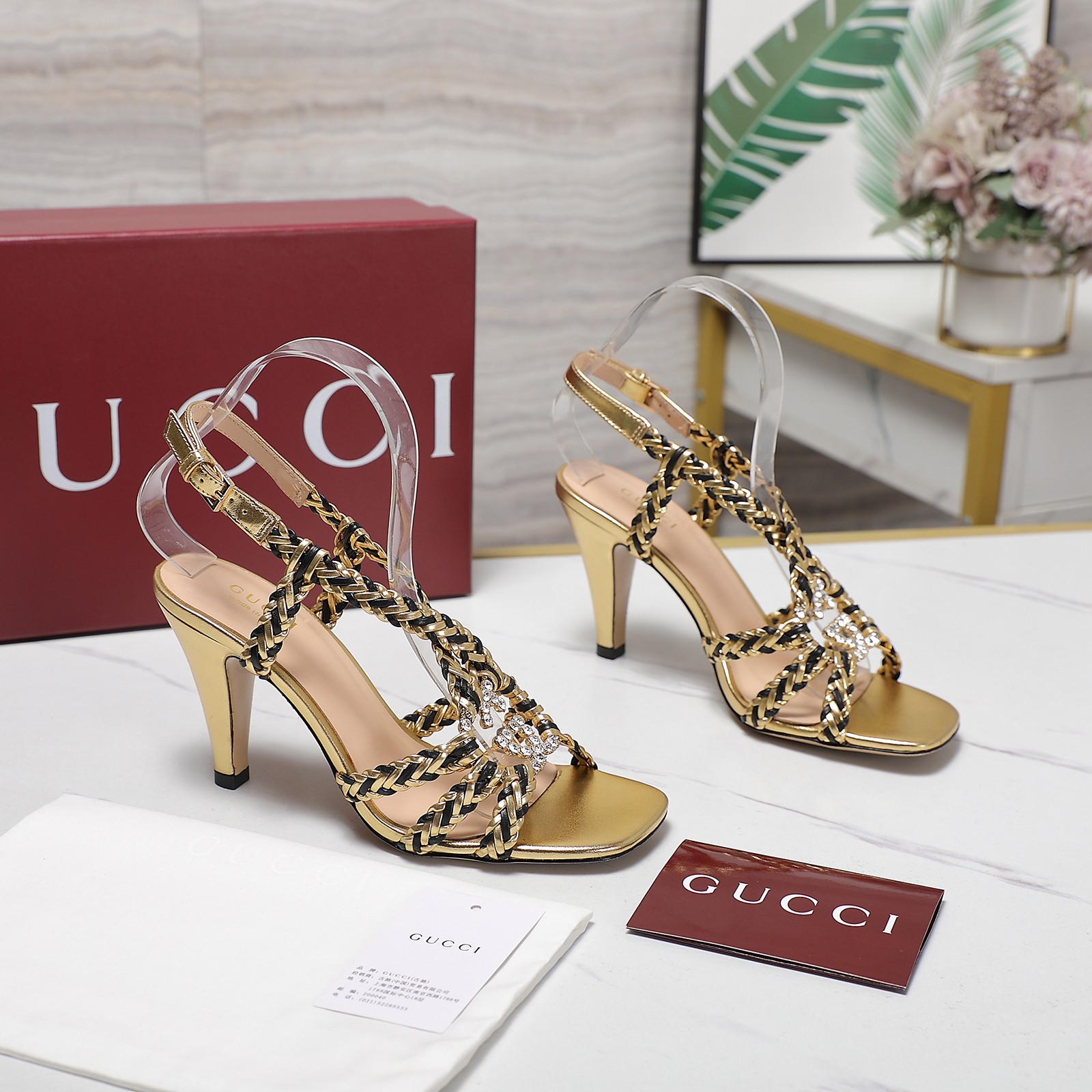 Gucci Crystal Embellished Woven Heeled Sandals - Gold Metallic Leather 7 a1746360798954 5032