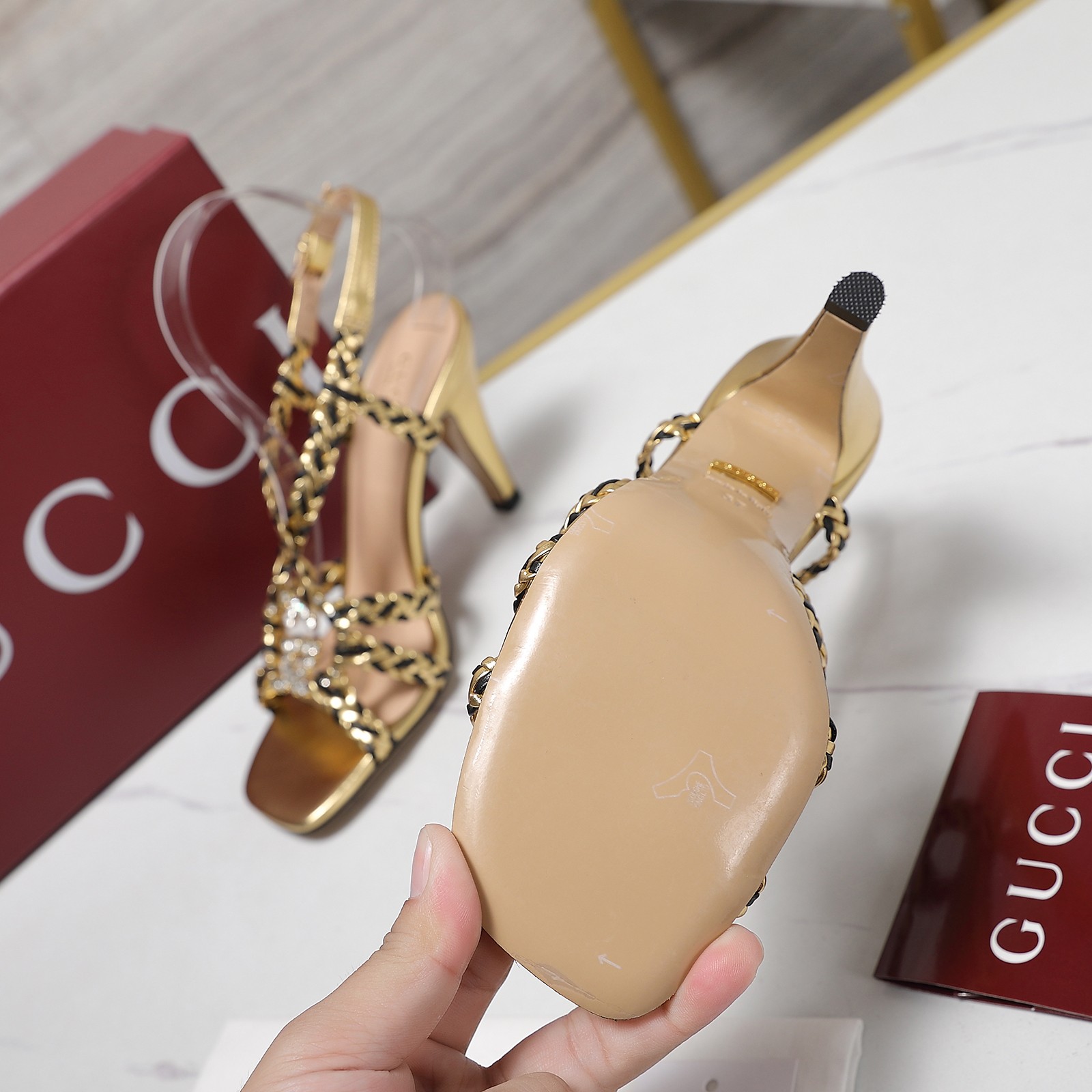 Gucci Crystal Embellished Woven Heeled Sandals - Gold Metallic Leather 10 a1746360798955 4373