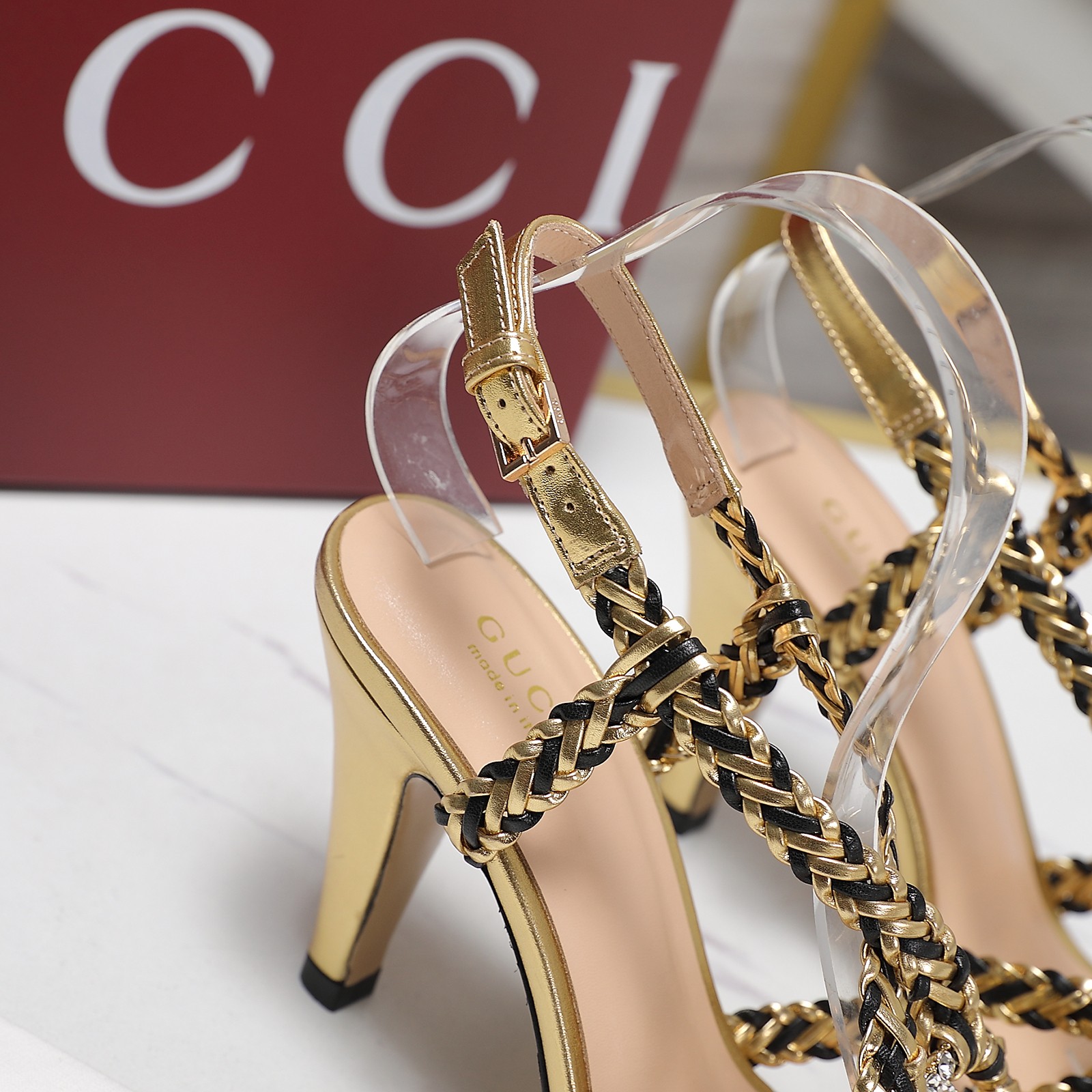 Gucci Crystal Embellished Woven Heeled Sandals - Gold Metallic Leather 8 a1746360798969 7853