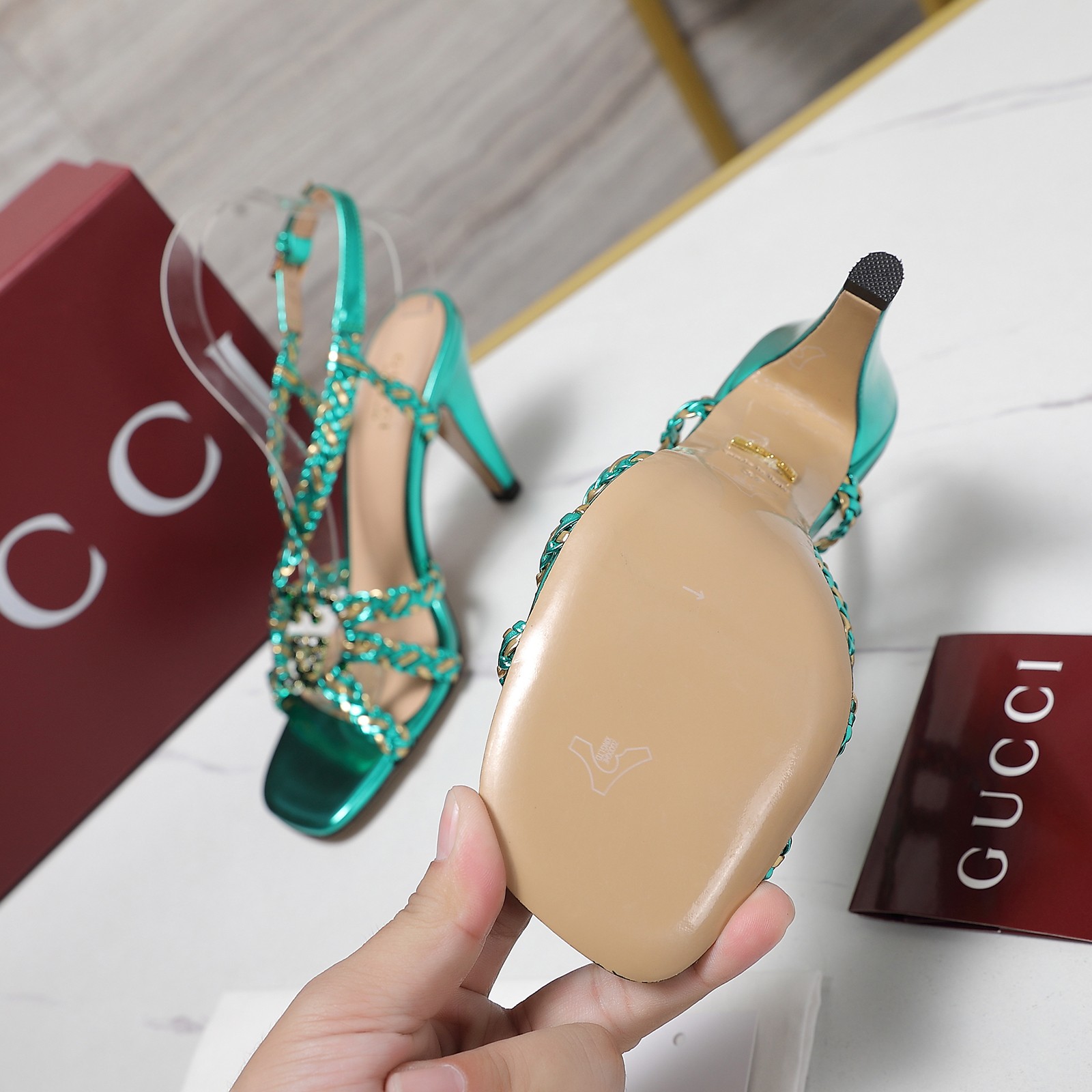 Gucci Crystal-Embellished Braided Heeled Sandals in Metallic Green 6 a1746360959691 2438