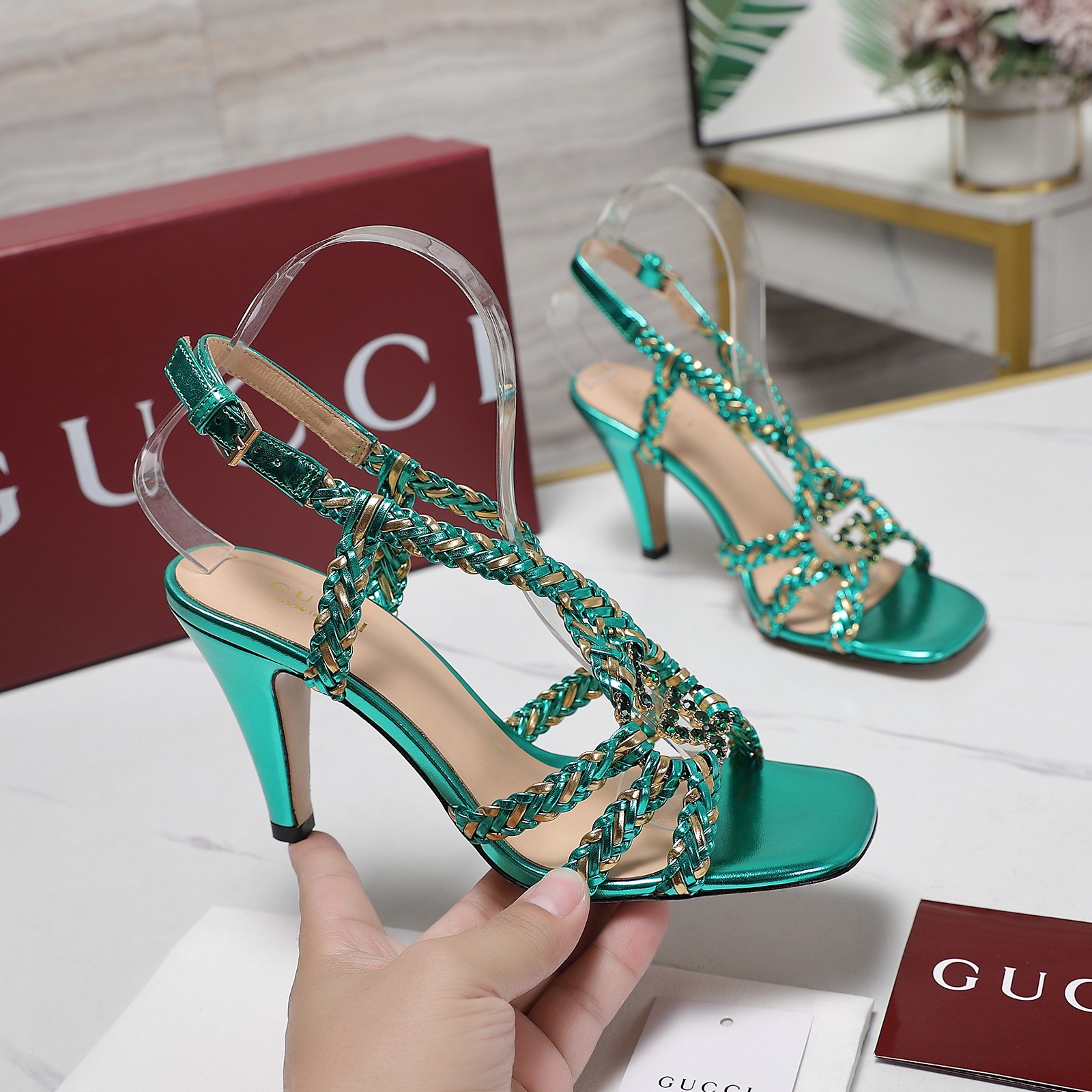 Gucci Crystal-Embellished Braided Heeled Sandals in Metallic Green 1 Gucci Crystal-Embellished Braided Heeled Sandals in Metallic Green