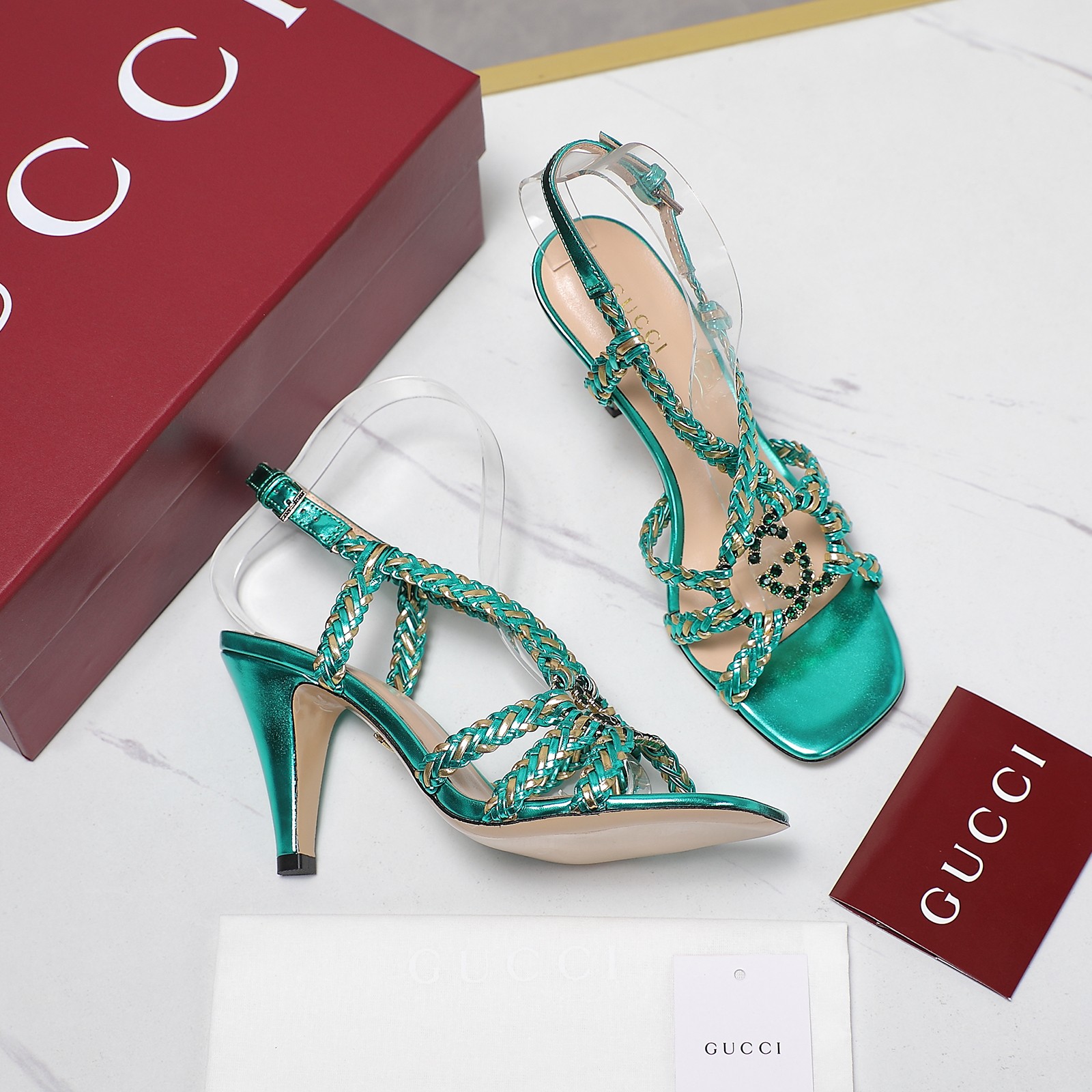 Gucci Crystal-Embellished Braided Heeled Sandals in Metallic Green 3 a1746360959778 7528
